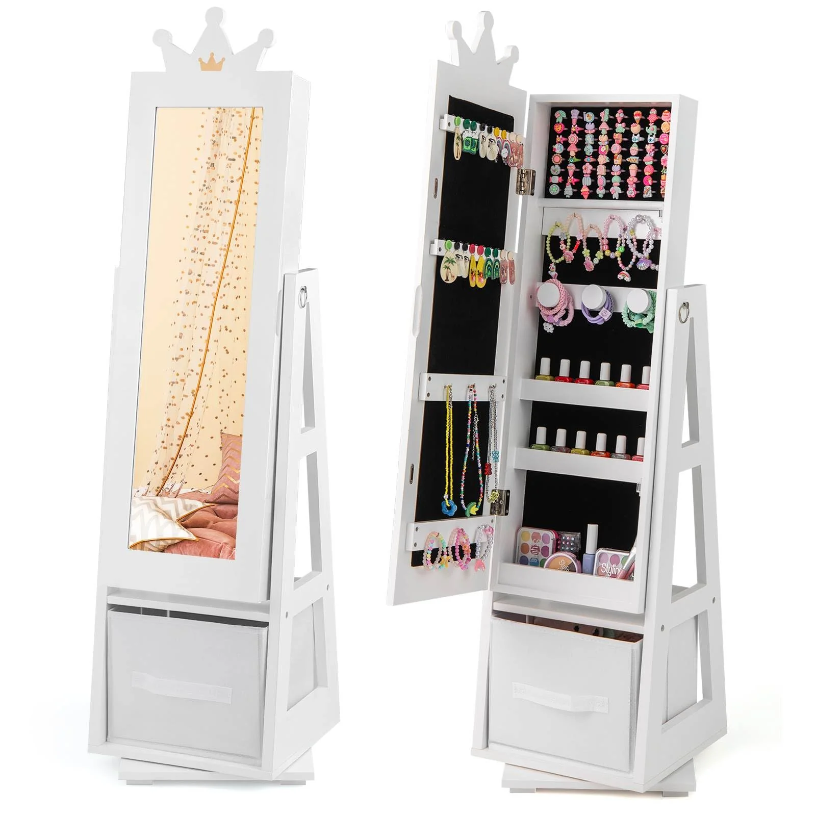 HONEY JOY 360° Swivel Kids Jewelry Cabinet, 3-in-1 Freestanding Full Length Dressing Mirror - Image 10