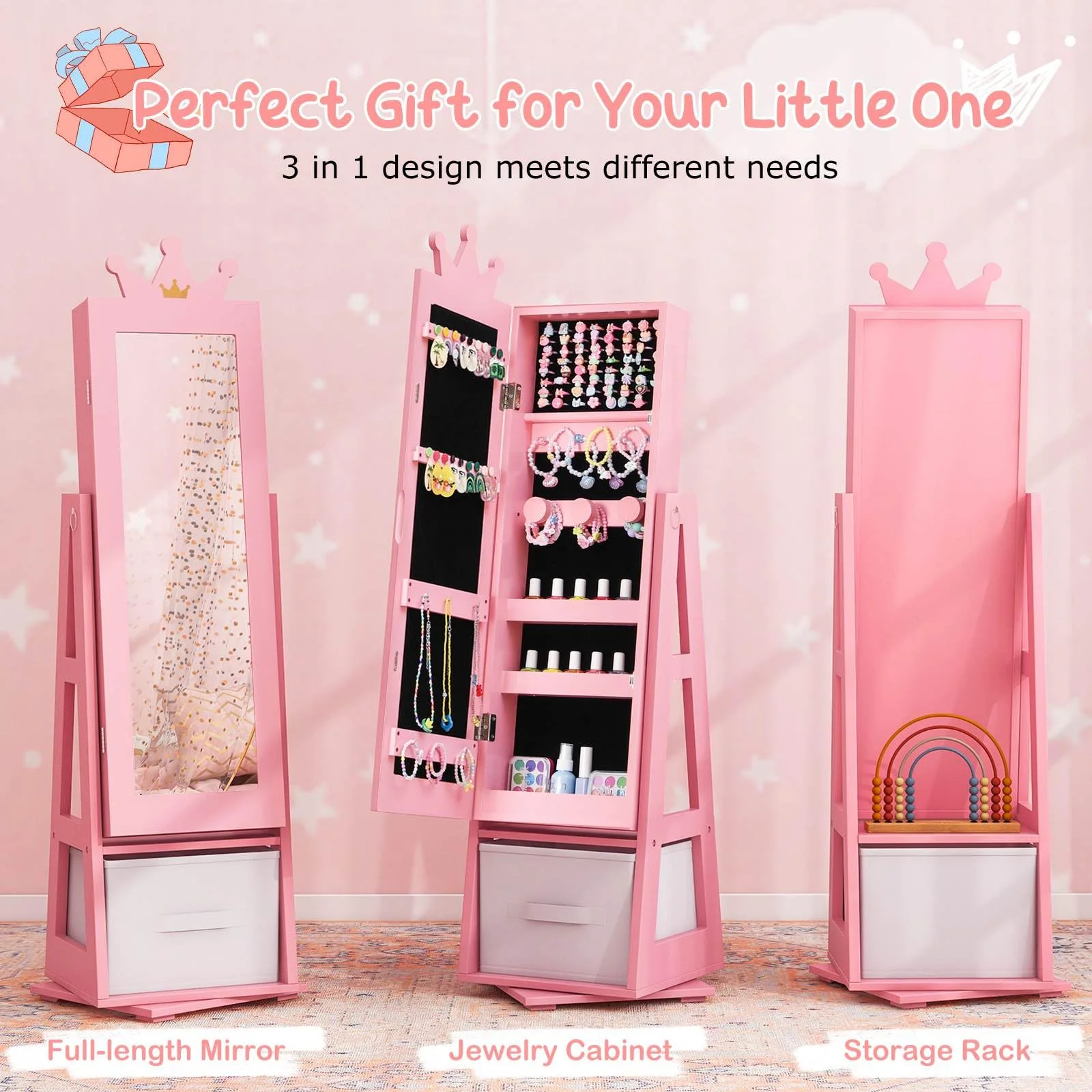 HONEY JOY 360° Swivel Kids Jewelry Cabinet, 3-in-1 Freestanding Full Length Dressing Mirror - Image 5