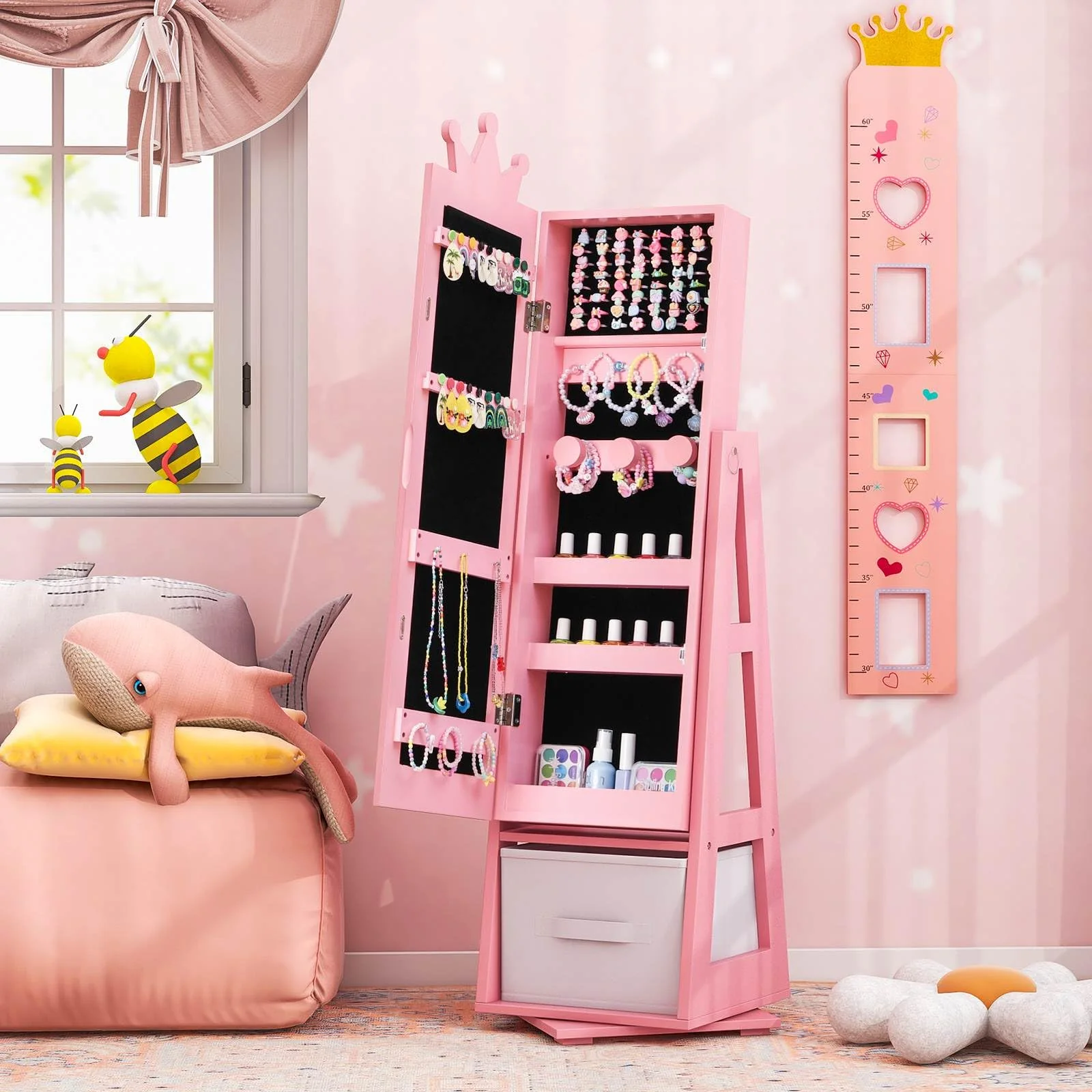 HONEY JOY 360° Swivel Kids Jewelry Cabinet, 3-in-1 Freestanding Full Length Dressing Mirror - Image 8