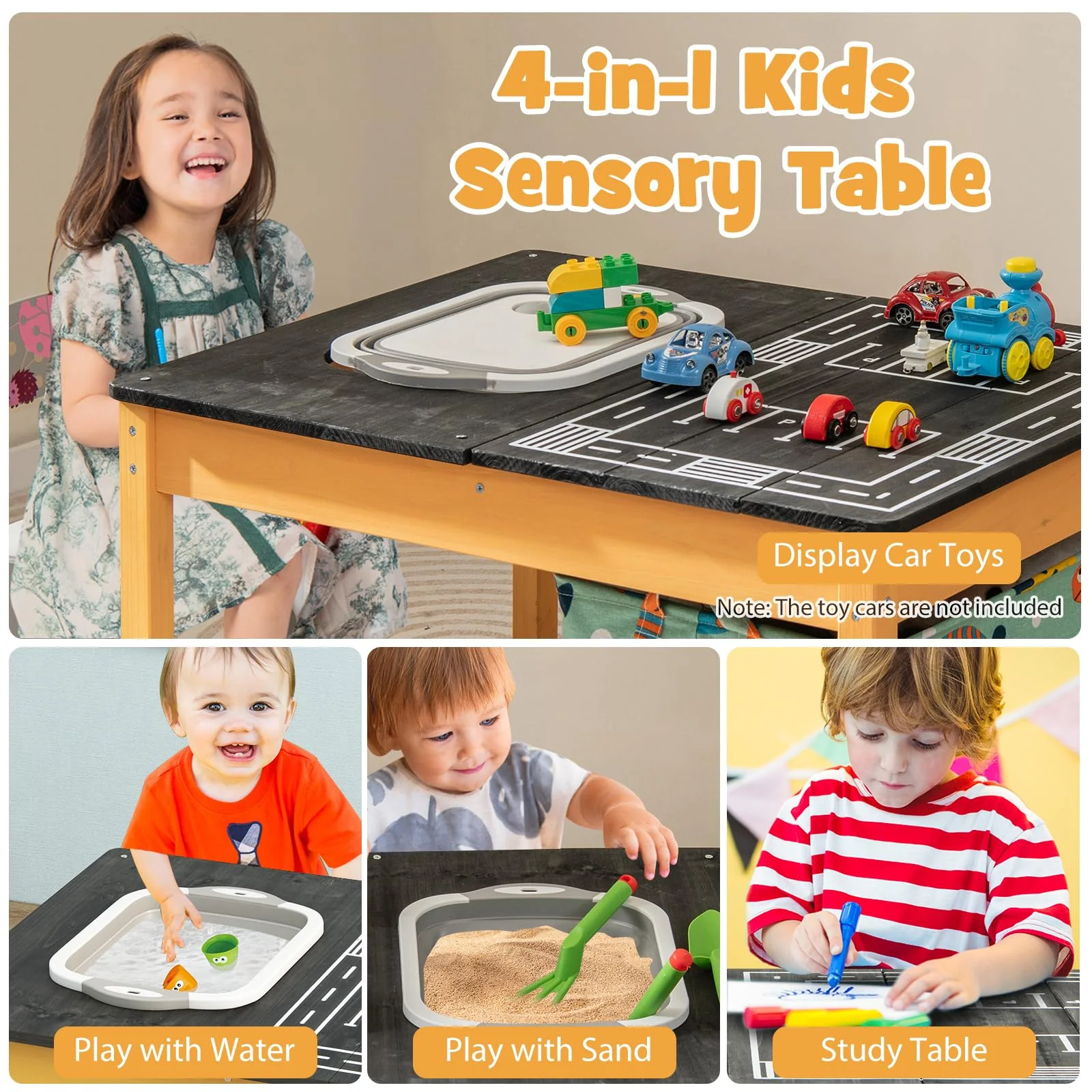 HONEY JOY 4-in-1 Kids Activity Table, Children Wooden Sensory Table Indoor Outdoor Play Study Desk w/Foldable Storage Bin - Image 3