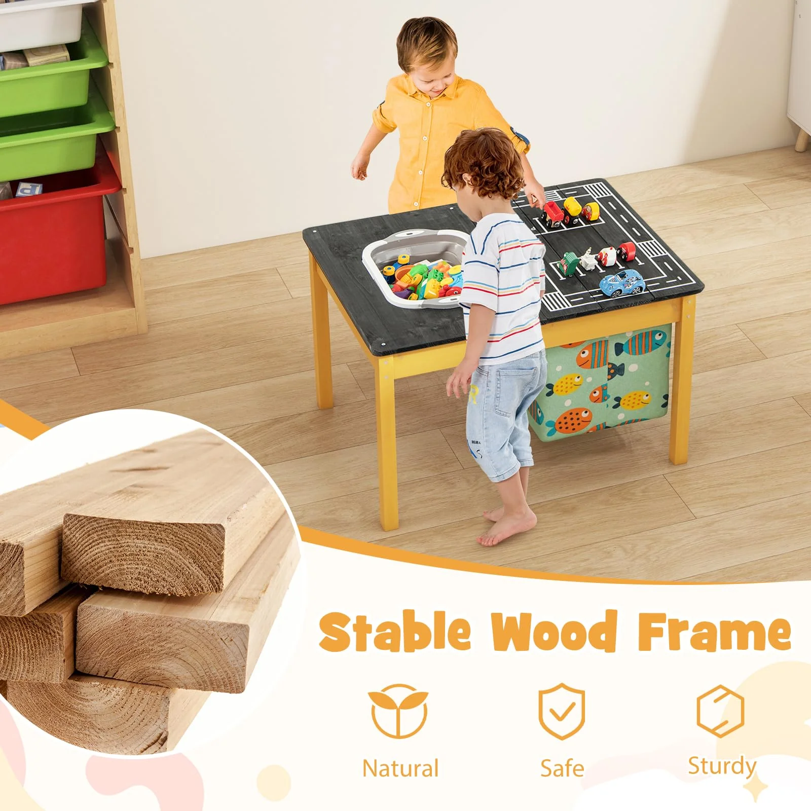 HONEY JOY 4-in-1 Kids Activity Table, Children Wooden Sensory Table Indoor Outdoor Play Study Desk w/Foldable Storage Bin - Image 5