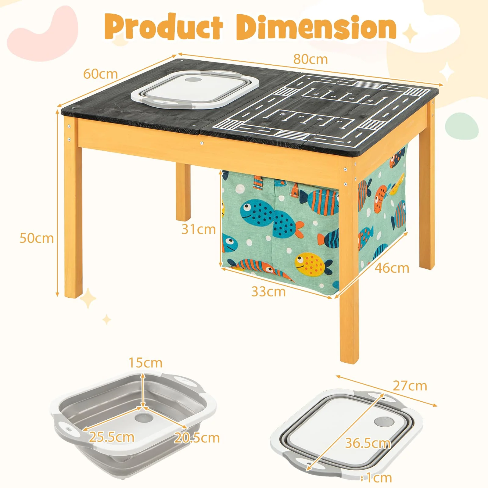 HONEY JOY 4-in-1 Kids Activity Table, Children Wooden Sensory Table Indoor Outdoor Play Study Desk w/Foldable Storage Bin - Image 7