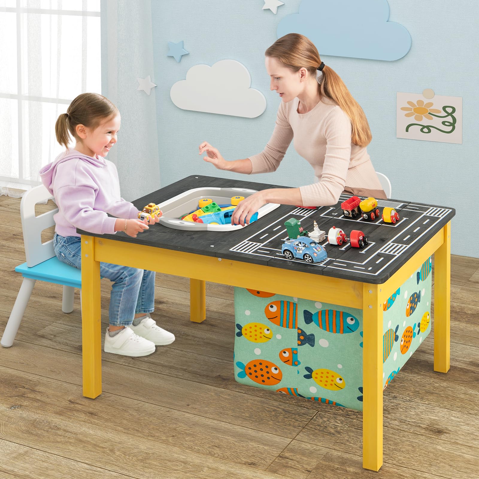 HONEY JOY 4-in-1 Kids Activity Table, Children Wooden Sensory Table Indoor Outdoor Play Study Desk w/Foldable Storage Bin - Image 8
