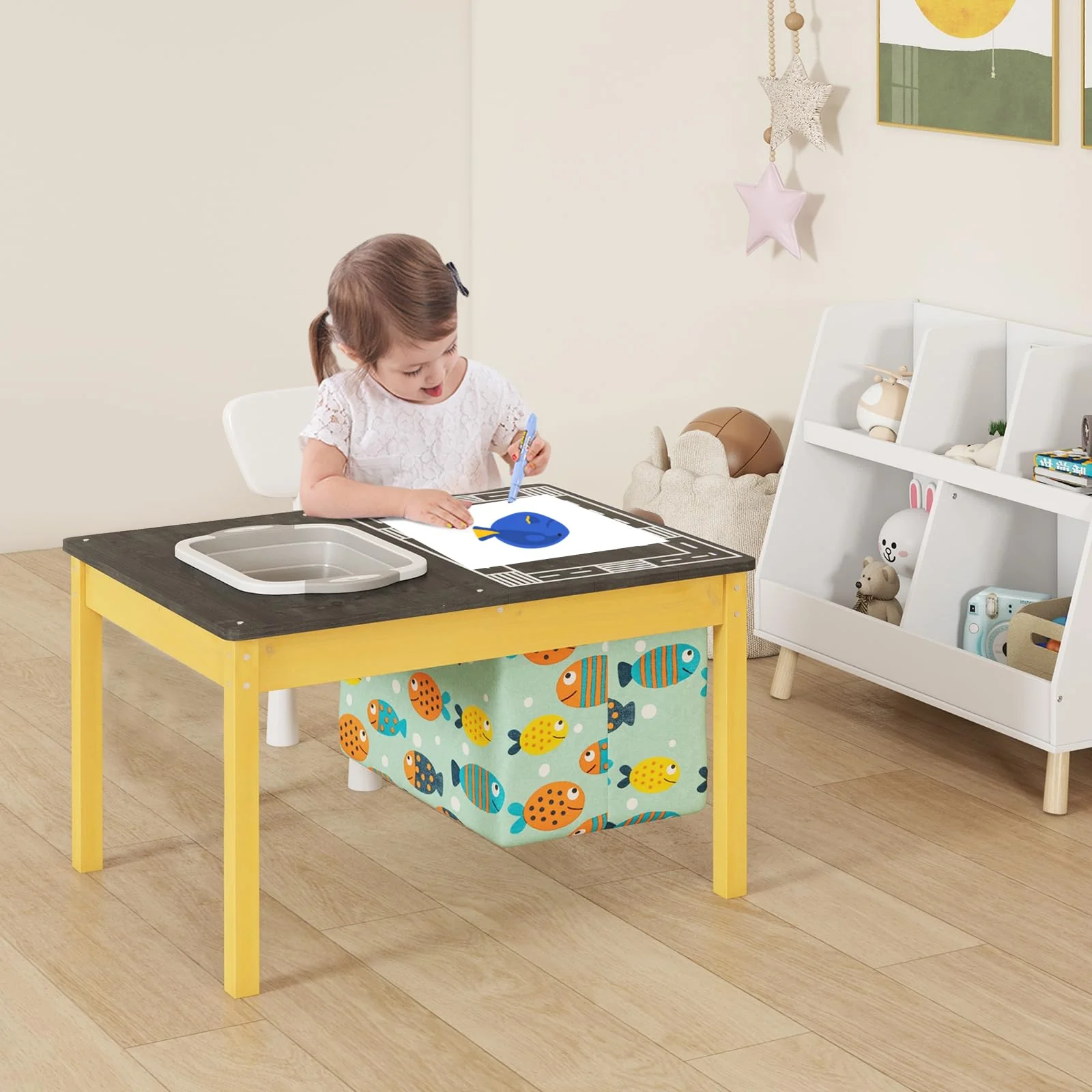 HONEY JOY 4-in-1 Kids Activity Table, Children Wooden Sensory Table Indoor Outdoor Play Study Desk w/Foldable Storage Bin - Image 9