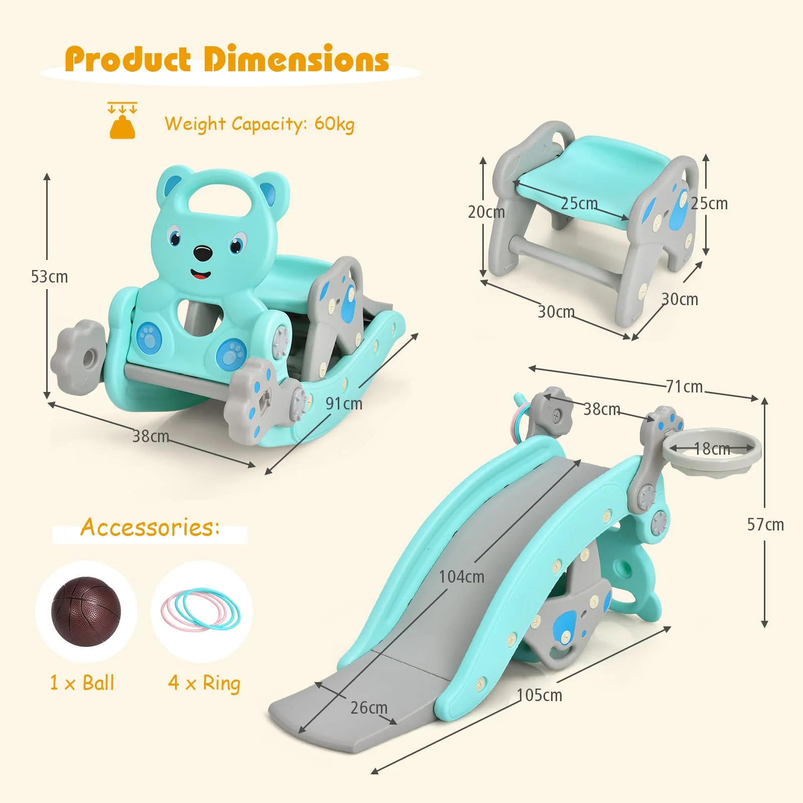 HONEY JOY 4-in-1 Kids Rocking Horse, Portable Toddler Ride On Rocking Toy with Slide - Image 5