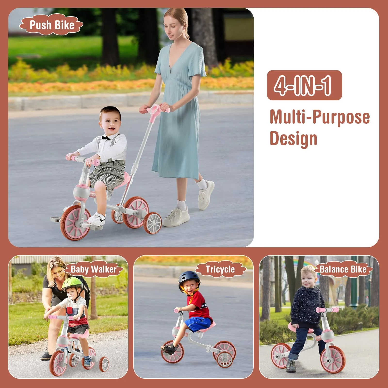 HONEY JOY 4-in-1 Toddler Tricycle, Kids Training Balance Bike w/Adjustable Parent Handle - Image 3