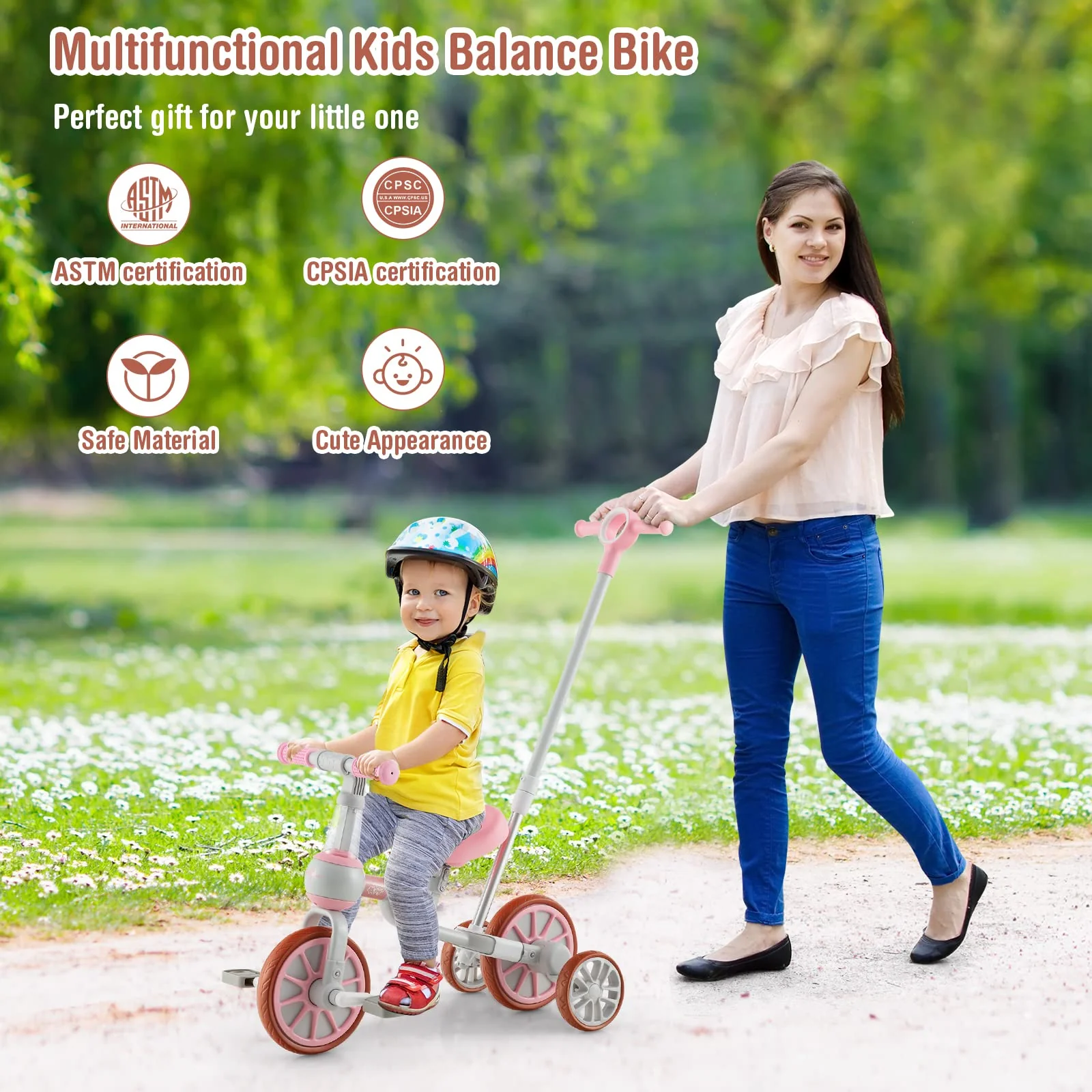HONEY JOY 4-in-1 Toddler Tricycle, Kids Training Balance Bike w/Adjustable Parent Handle - Image 4