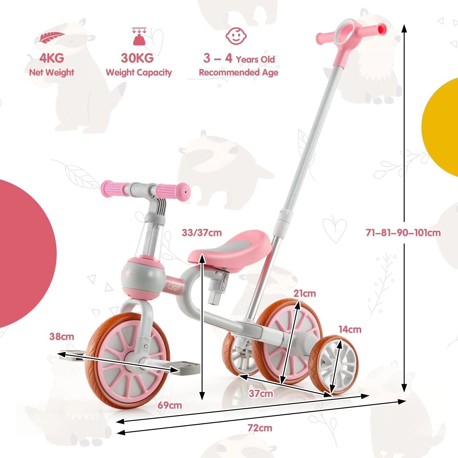HONEY JOY 4-in-1 Toddler Tricycle, Kids Training Balance Bike w/Adjustable Parent Handle - Image 7
