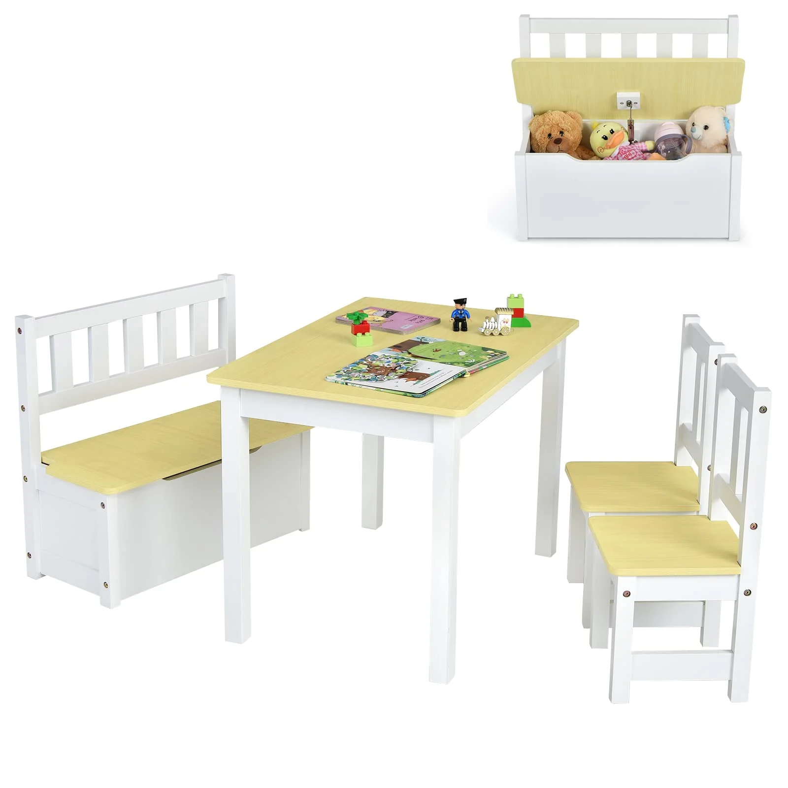 HONEY JOY 4-Piece Kids Table and Chair Set, Wood Activity Table with Toy Storage Bench & 2 Chairs - Image 10