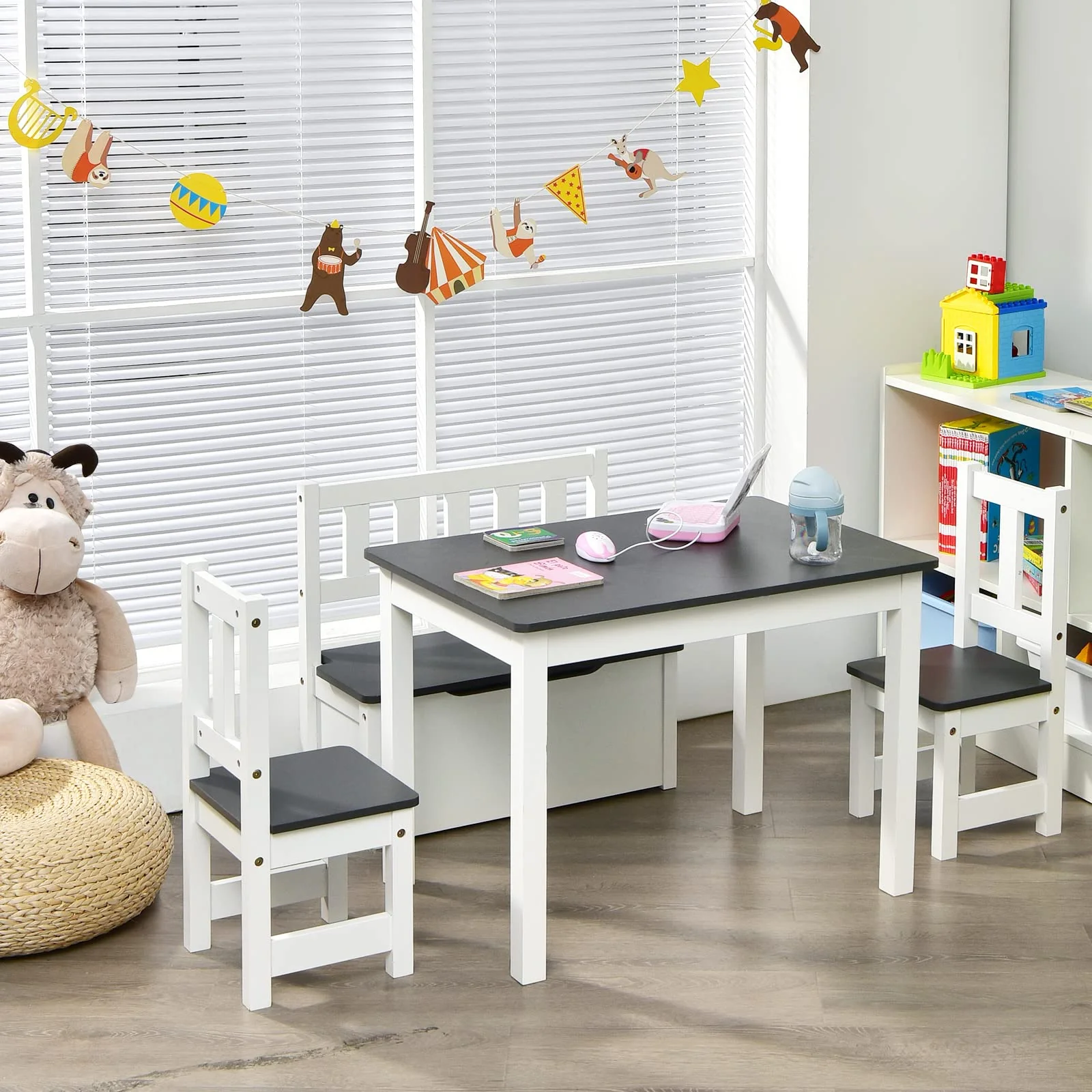 HONEY JOY 4-Piece Kids Table and Chair Set, Wood Activity Table with Toy Storage Bench & 2 Chairs - Image 2