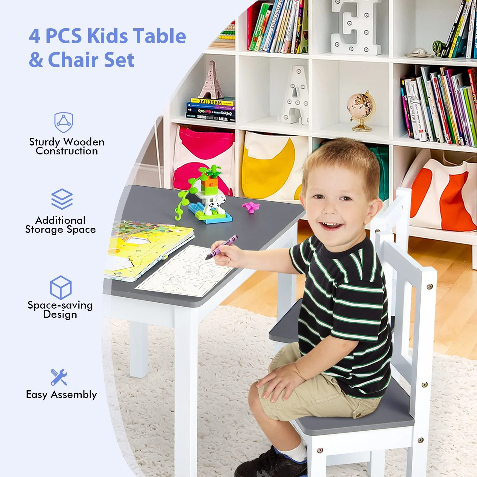 HONEY JOY 4-Piece Kids Table and Chair Set, Wood Activity Table with Toy Storage Bench & 2 Chairs - Image 3