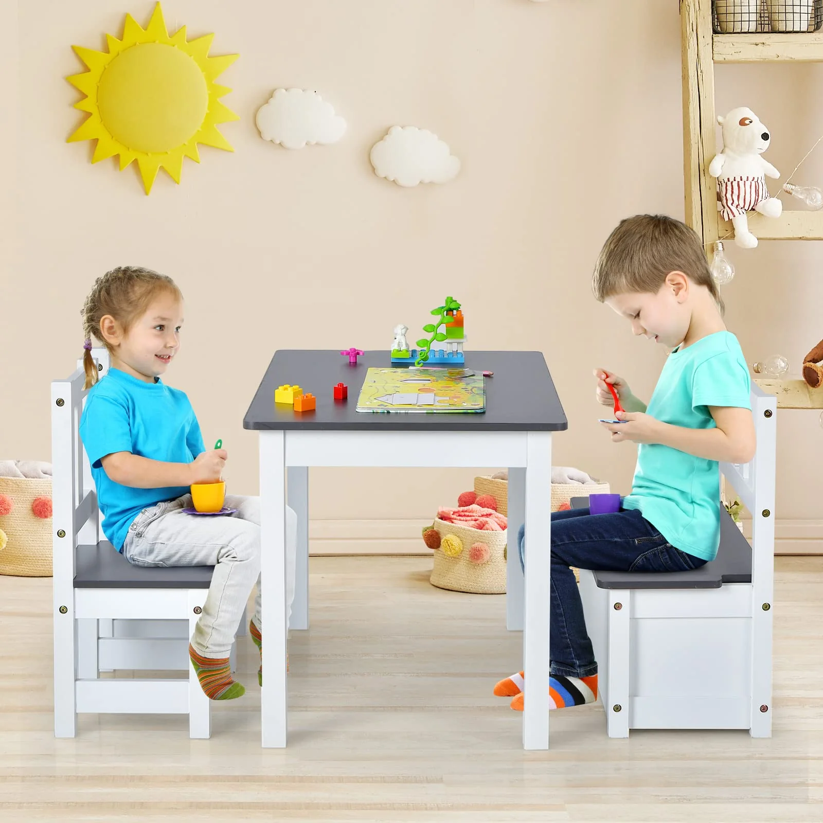 HONEY JOY 4-Piece Kids Table and Chair Set, Wood Activity Table with Toy Storage Bench & 2 Chairs - Image 4