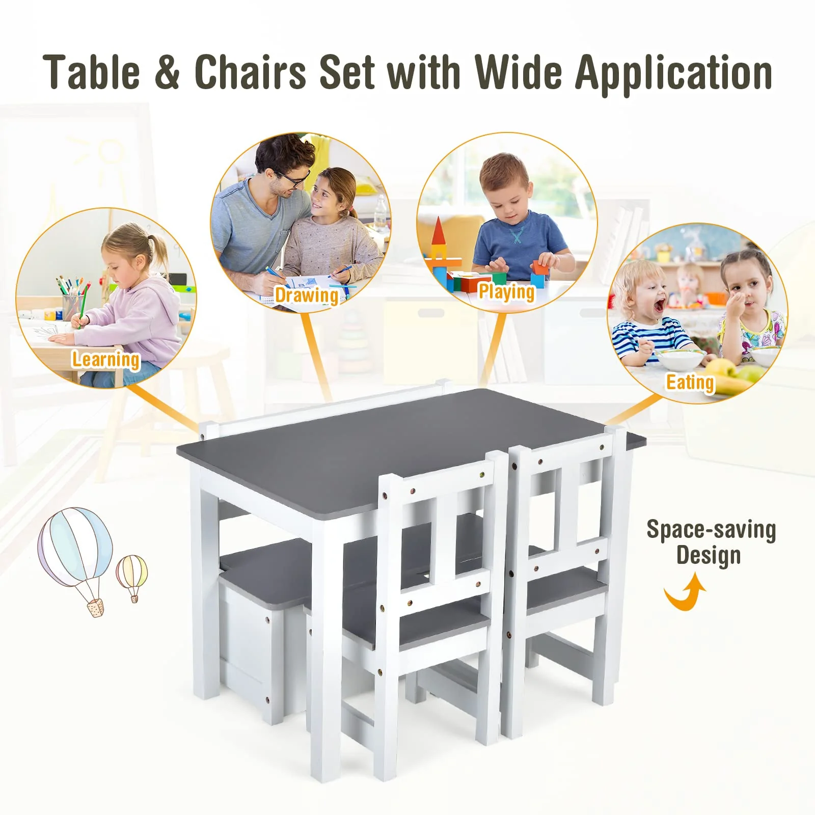 HONEY JOY 4-Piece Kids Table and Chair Set, Wood Activity Table with Toy Storage Bench & 2 Chairs - Image 5