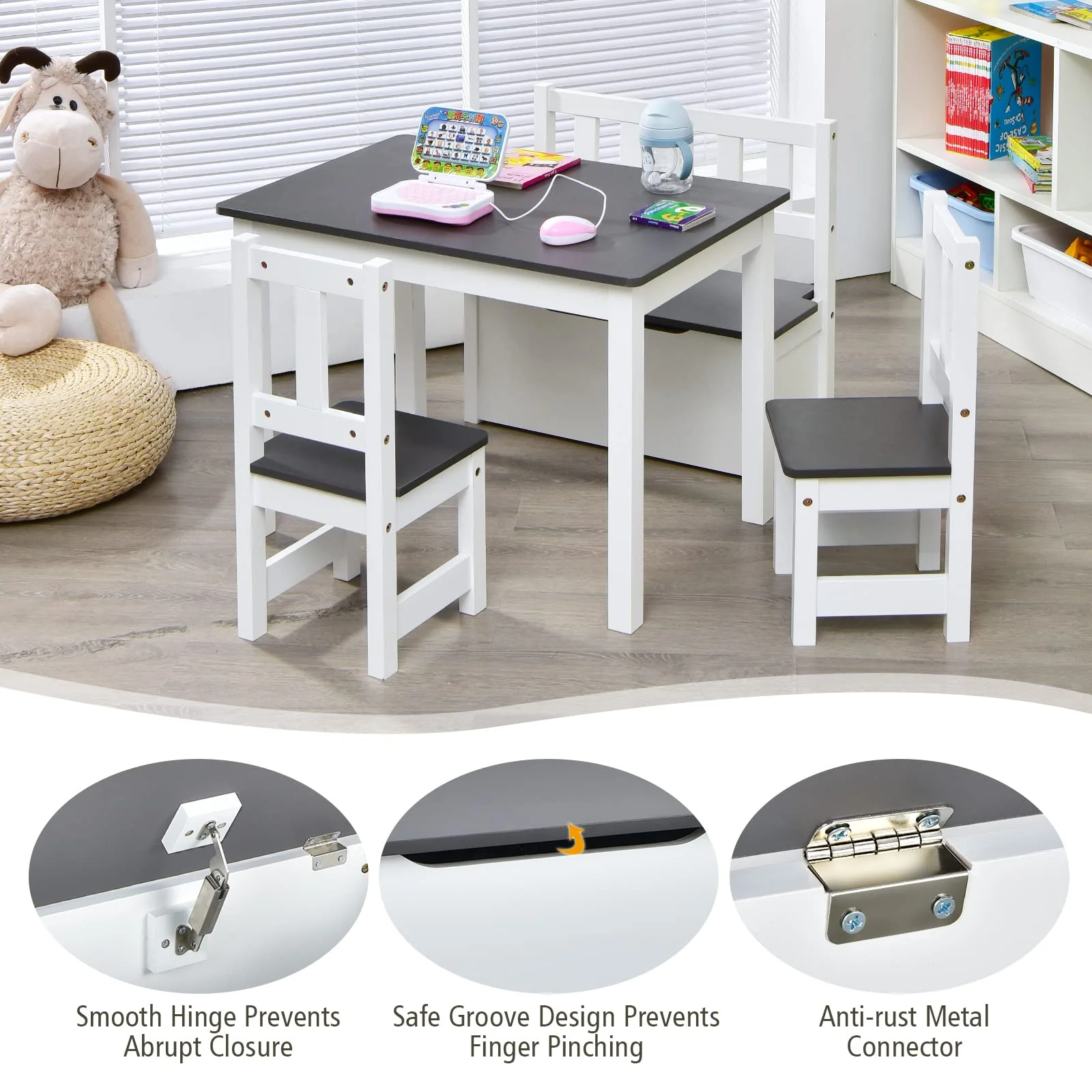 HONEY JOY 4-Piece Kids Table and Chair Set, Wood Activity Table with Toy Storage Bench & 2 Chairs - Image 8