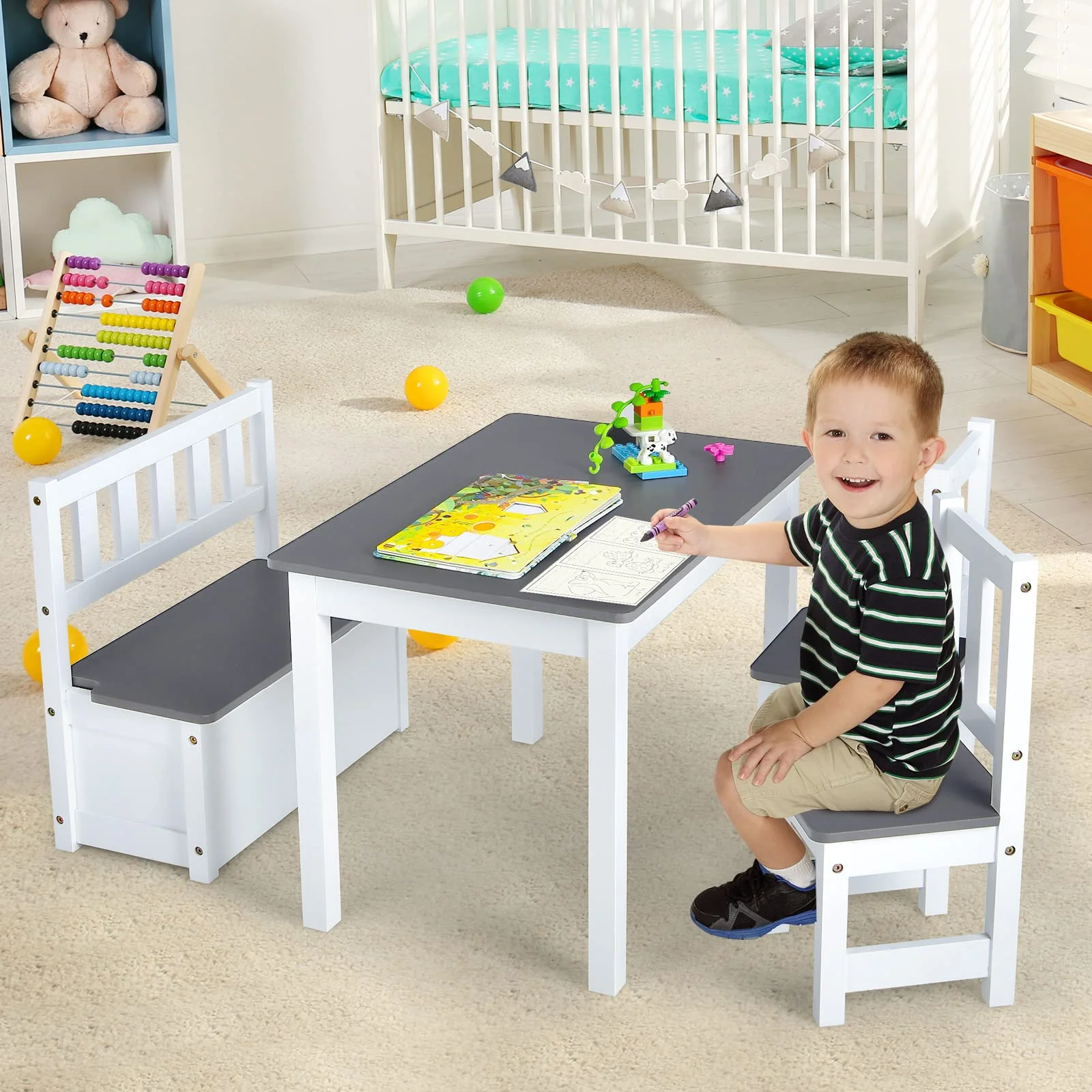 HONEY JOY 4-Piece Kids Table and Chair Set, Wood Activity Table with Toy Storage Bench & 2 Chairs - Image 9