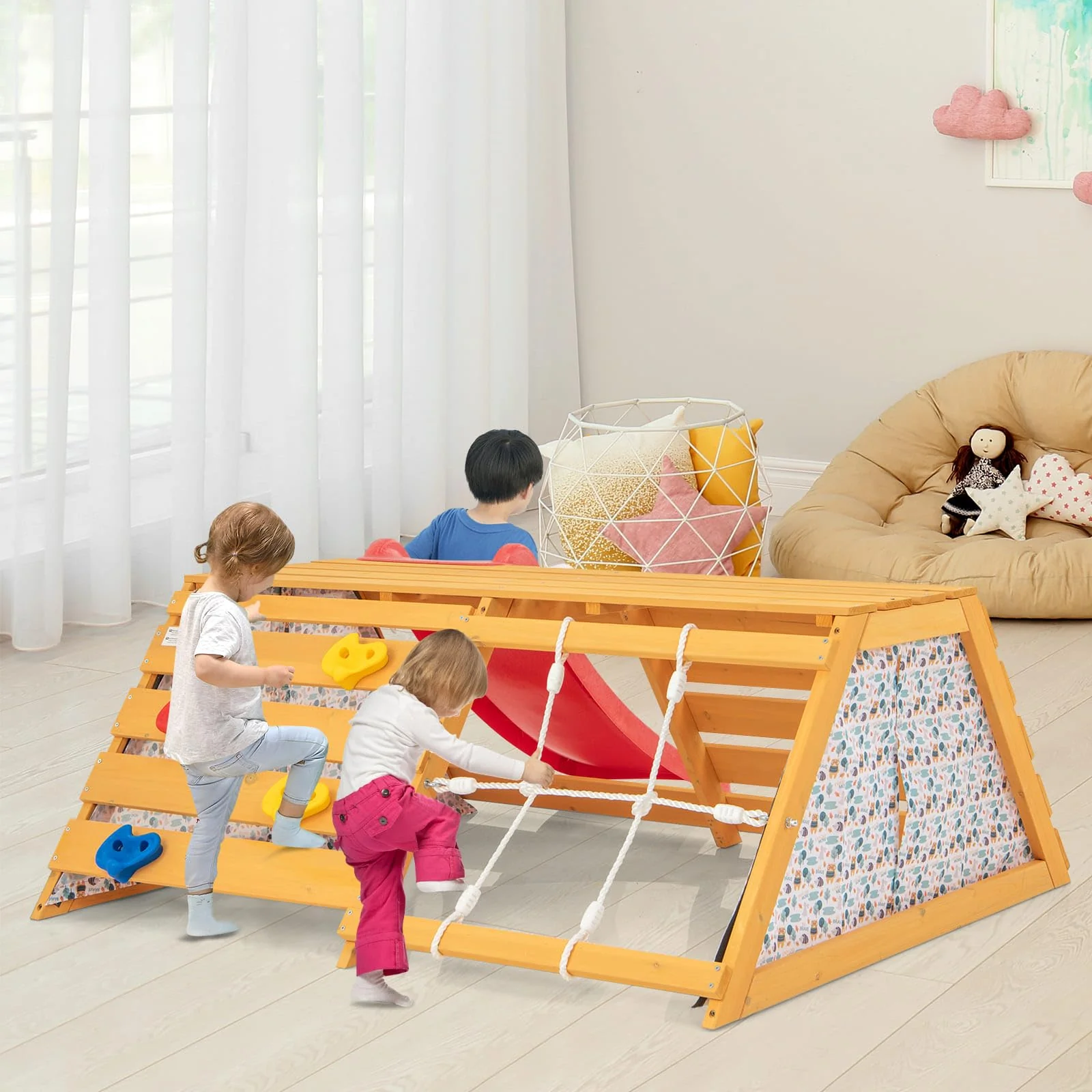 HONEY JOY 5-in-1 Jungle Gym, Wooden Indoor Playground with Slide, Rock Climbing Wall & Rope Wall Climber - Image 2