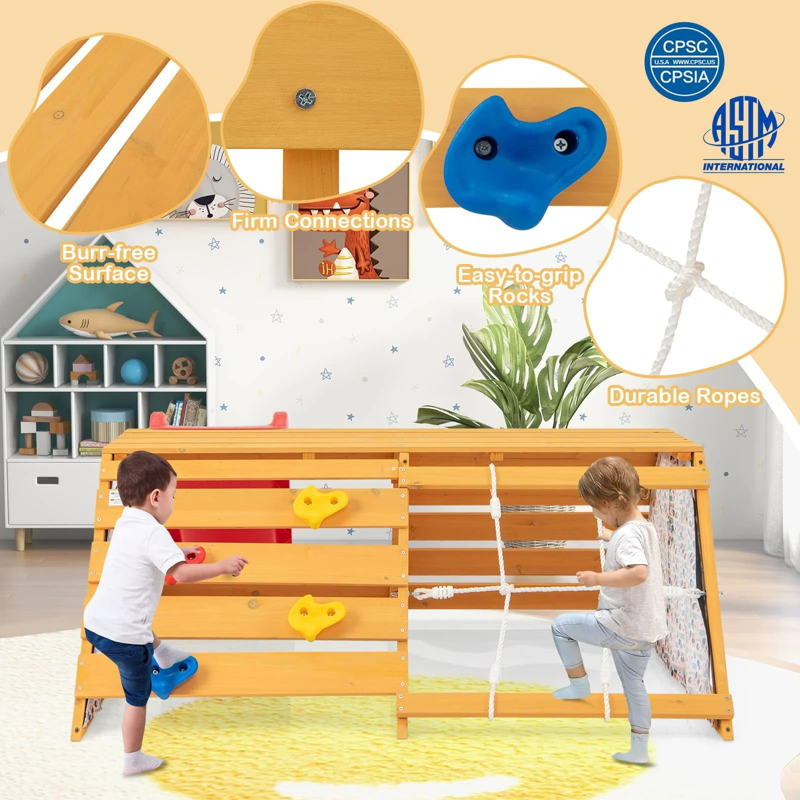 HONEY JOY 5-in-1 Jungle Gym, Wooden Indoor Playground with Slide, Rock Climbing Wall & Rope Wall Climber - Image 3