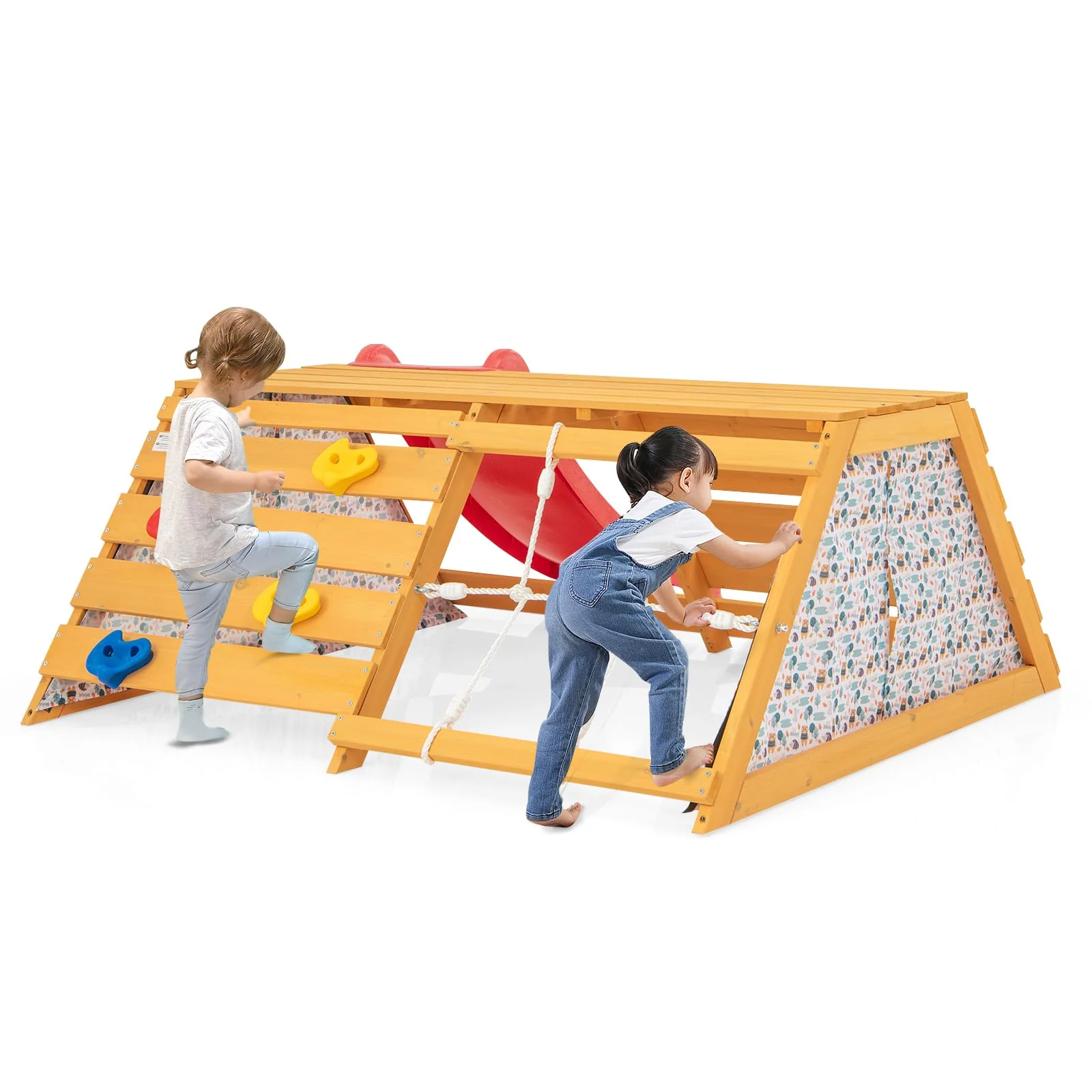 HONEY JOY 5-in-1 Jungle Gym, Wooden Indoor Playground with Slide, Rock Climbing Wall & Rope Wall Climber - Image 4