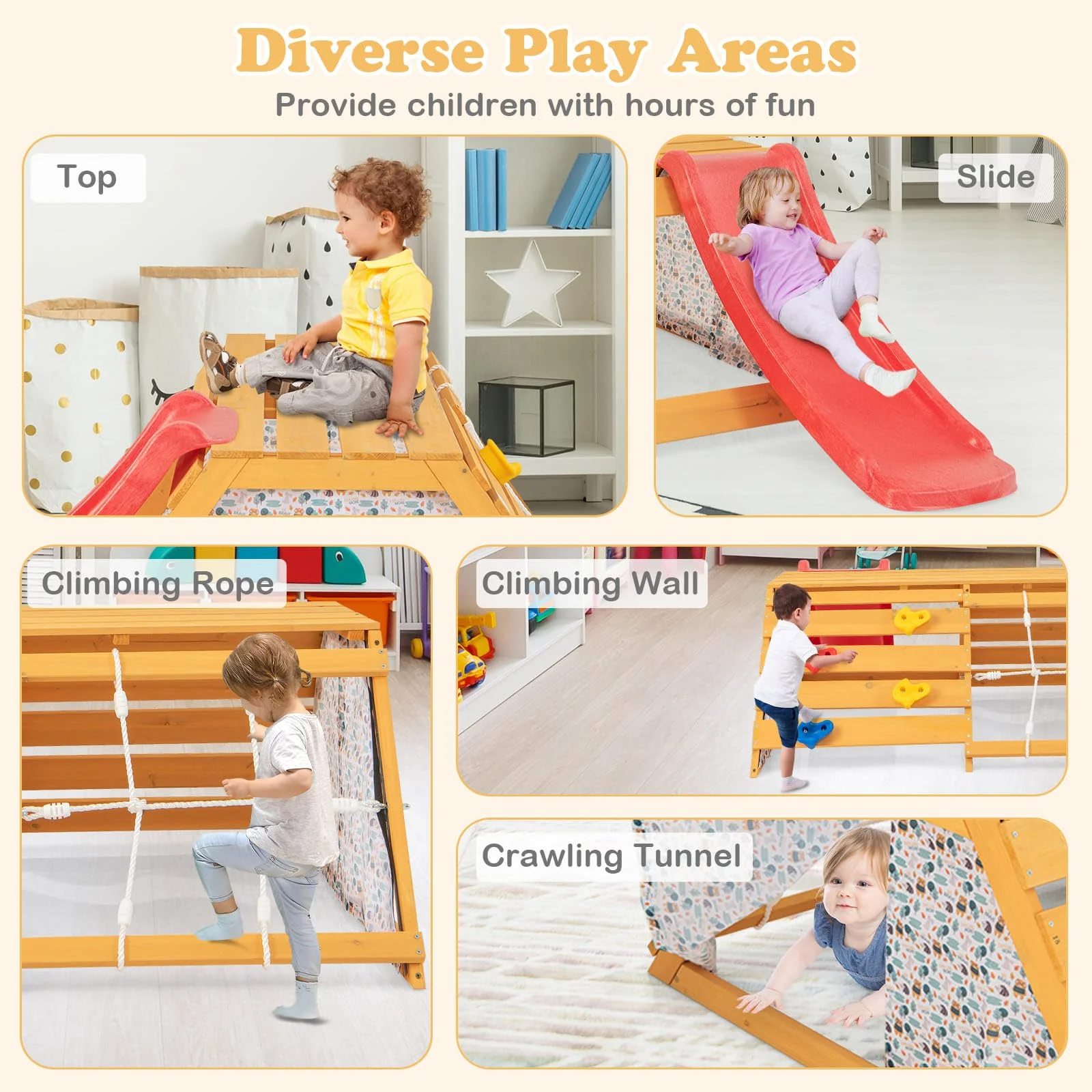 HONEY JOY 5-in-1 Jungle Gym, Wooden Indoor Playground with Slide, Rock Climbing Wall & Rope Wall Climber - Image 5