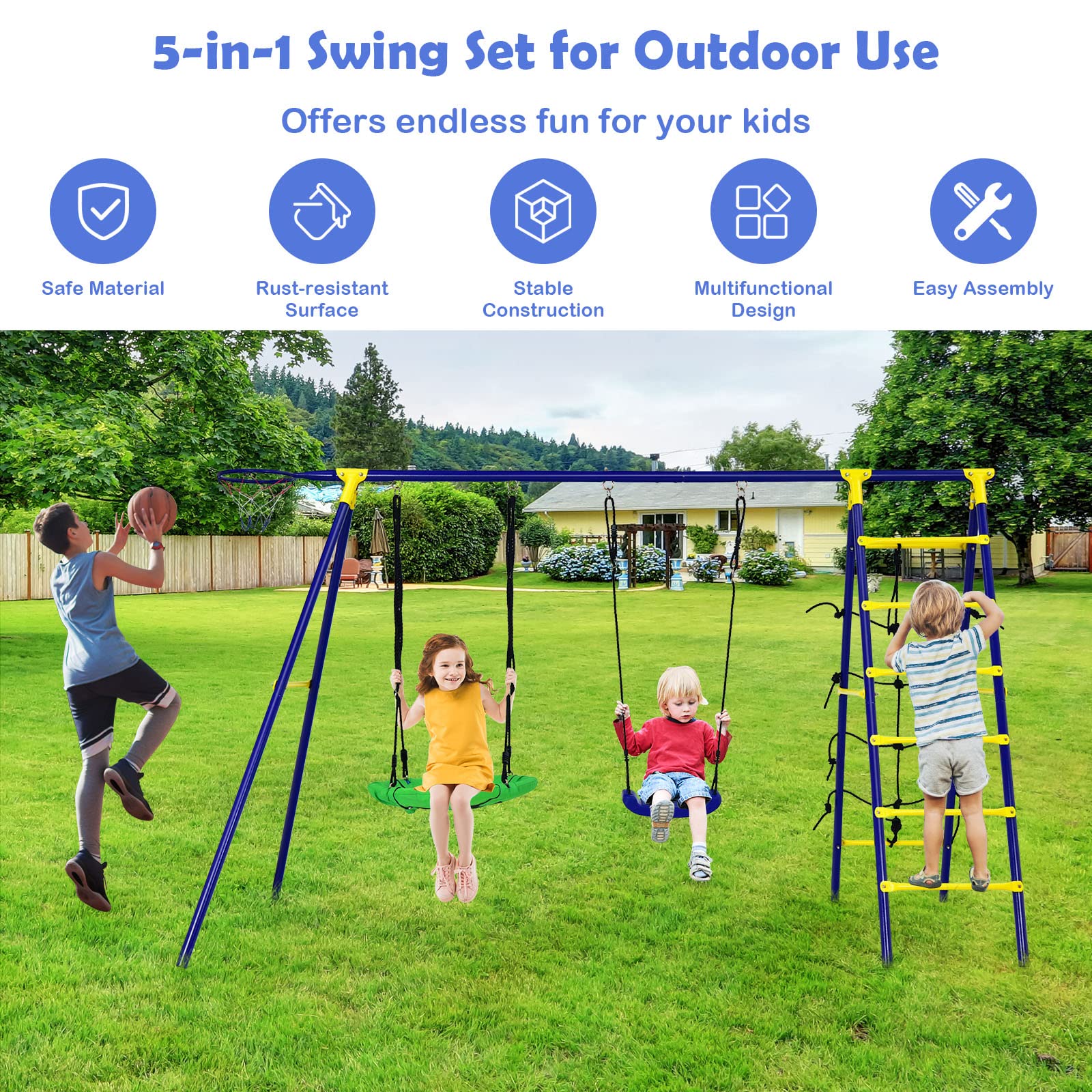 HONEY JOY 5-in-1 Metal Climb and Swing Set with 2 Tree Swings, Climbing Ladder - Image 3