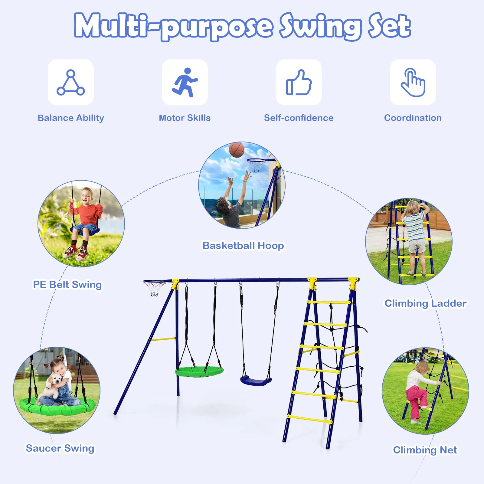 HONEY JOY 5-in-1 Metal Climb and Swing Set with 2 Tree Swings, Climbing Ladder - Image 4