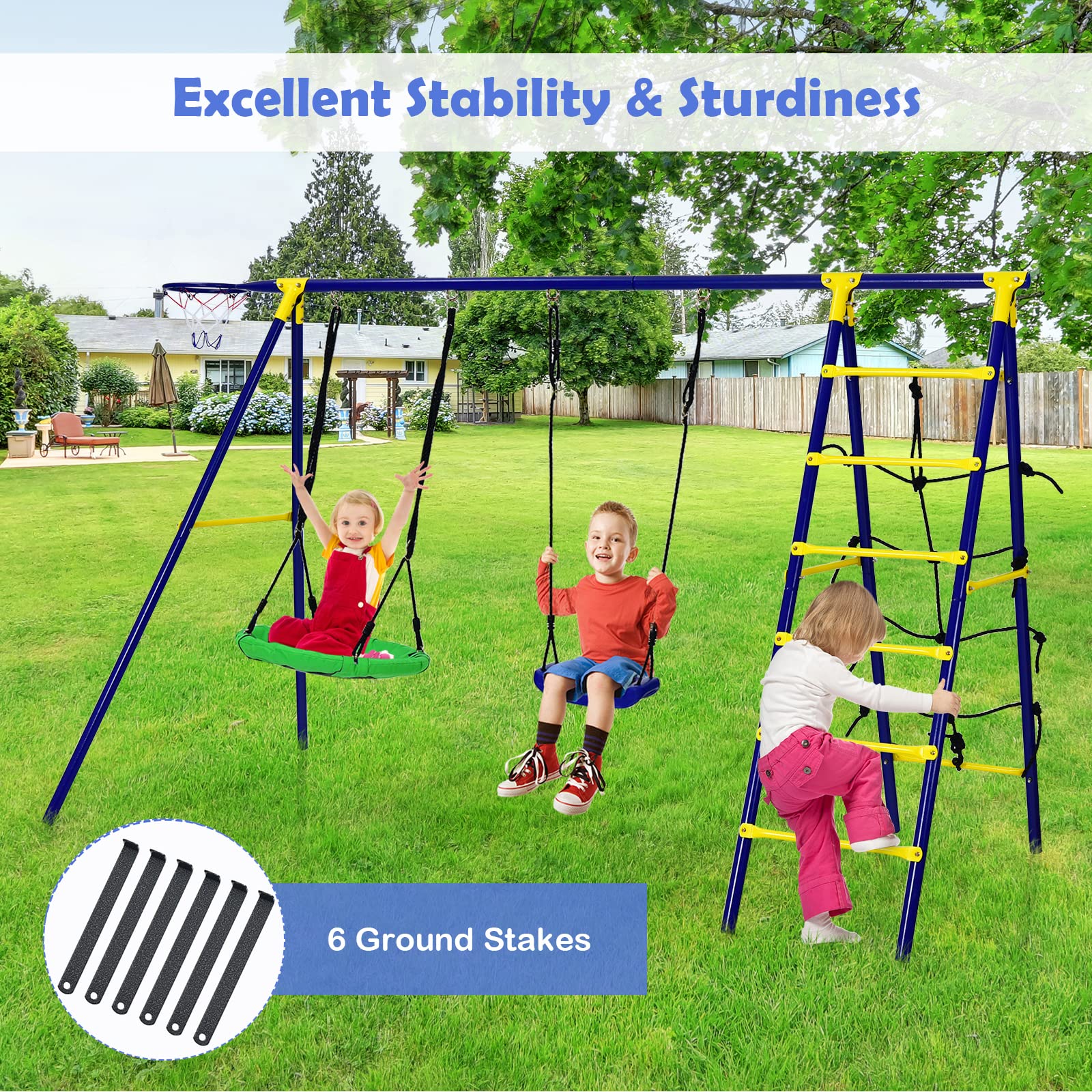 HONEY JOY 5-in-1 Metal Climb and Swing Set with 2 Tree Swings, Climbing Ladder - Image 5