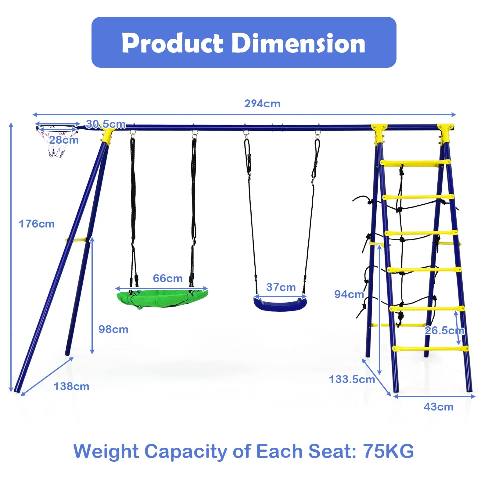 HONEY JOY 5-in-1 Metal Climb and Swing Set with 2 Tree Swings, Climbing Ladder - Image 8