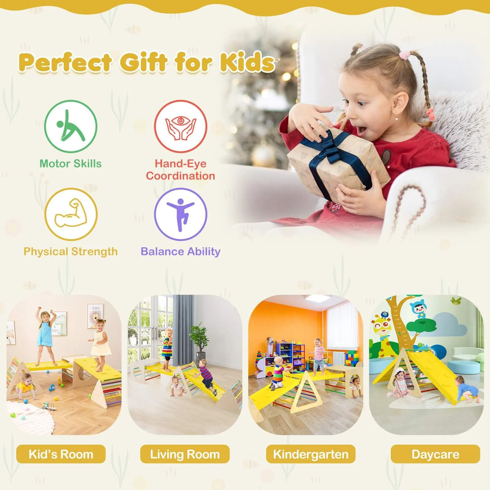 HONEY JOY 5 in 1 Triangle Climber with 2 Ramp, Wooden Climbing Toys for Toddlers - Image 3