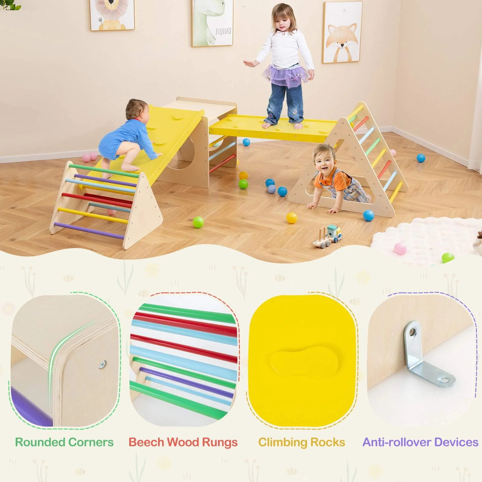 HONEY JOY 5 in 1 Triangle Climber with 2 Ramp, Wooden Climbing Toys for Toddlers - Image 4