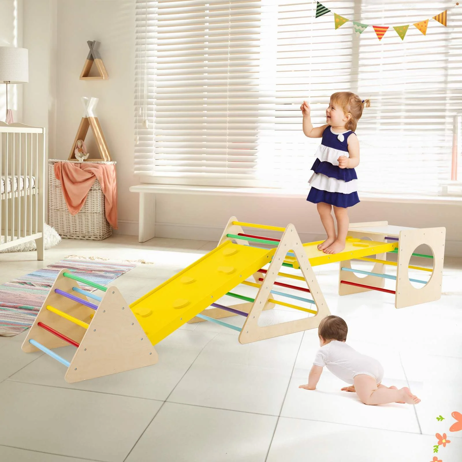 HONEY JOY 5 in 1 Triangle Climber with 2 Ramp, Wooden Climbing Toys for Toddlers - Image 5