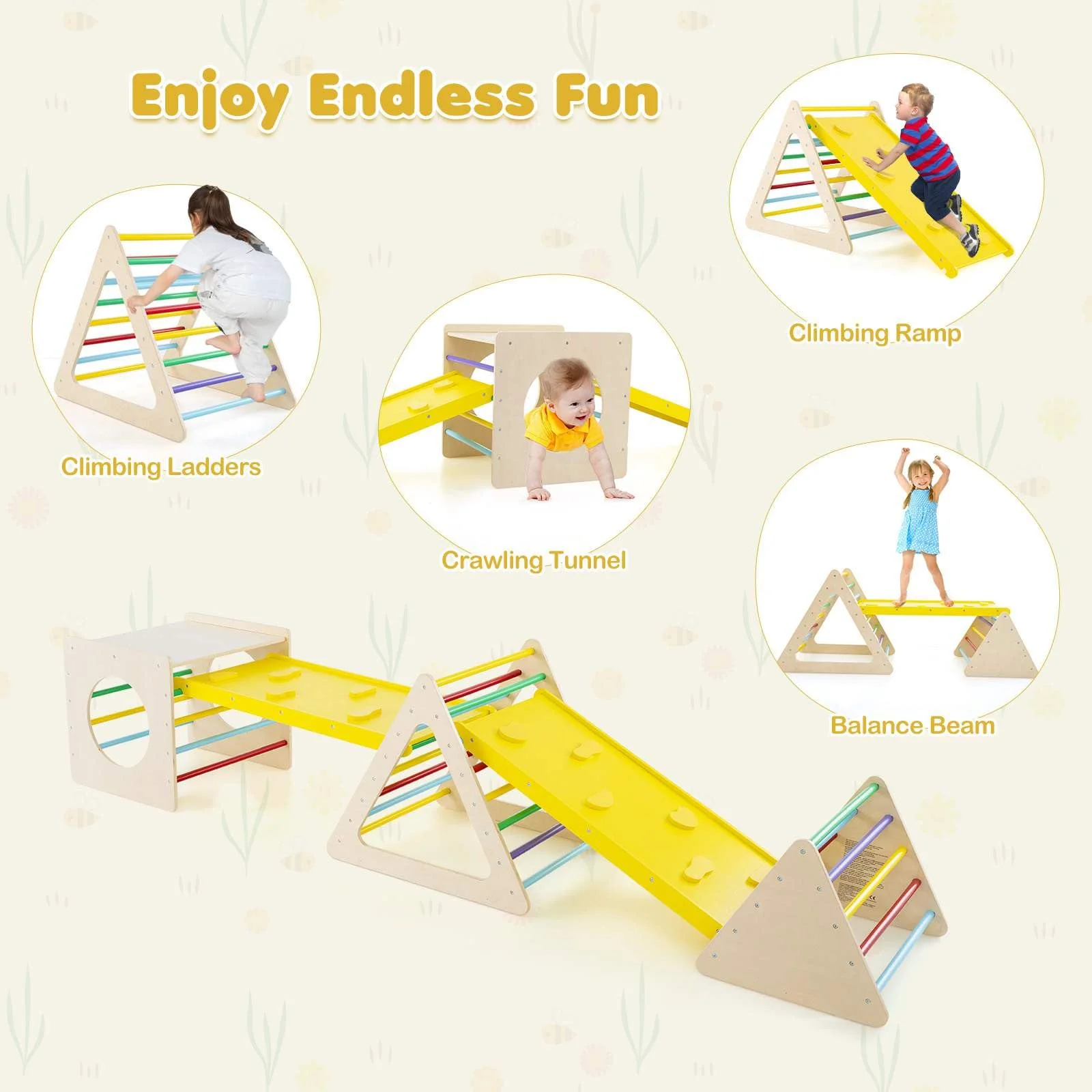 HONEY JOY 5 in 1 Triangle Climber with 2 Ramp, Wooden Climbing Toys for Toddlers - Image 9