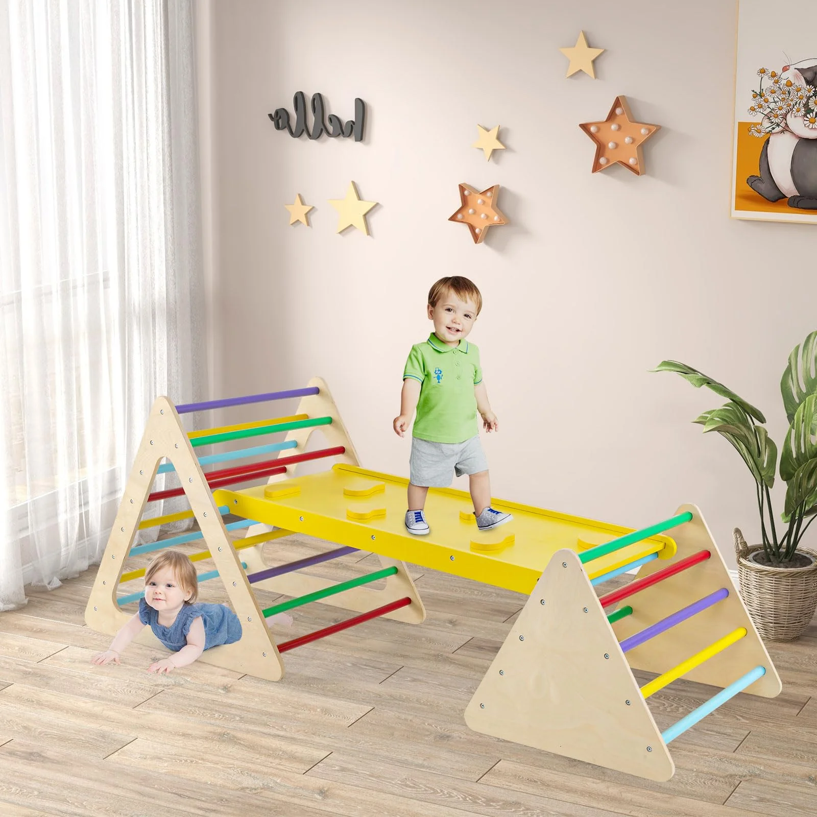 HONEY JOY 3 in 1 Triangle Climber with Ramp, Wooden Climbing Toys for Toddlers - Image 2