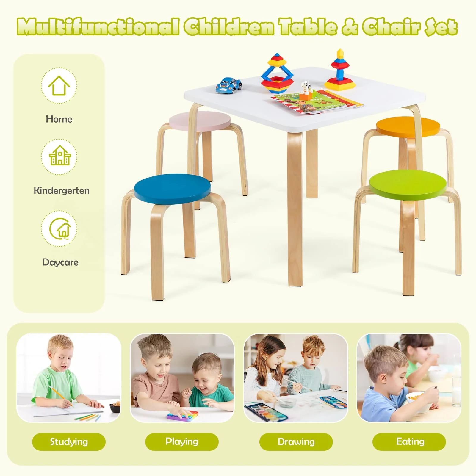 HONEY JOY 5 Pieces Kids Table & Chair Set, 1 Square Table & 4 Round Chairs - Image 5