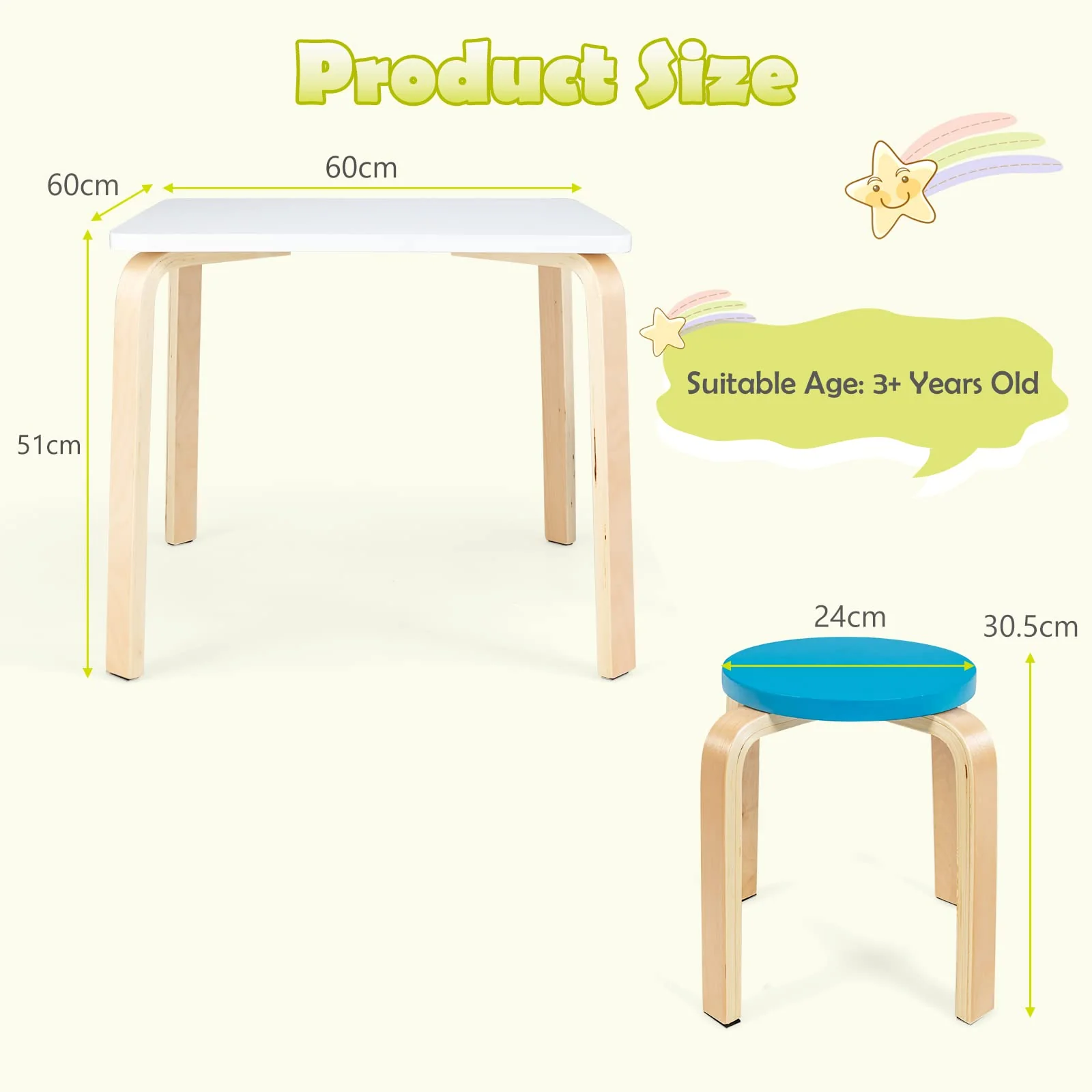 HONEY JOY 5 Pieces Kids Table & Chair Set, 1 Square Table & 4 Round Chairs - Image 7