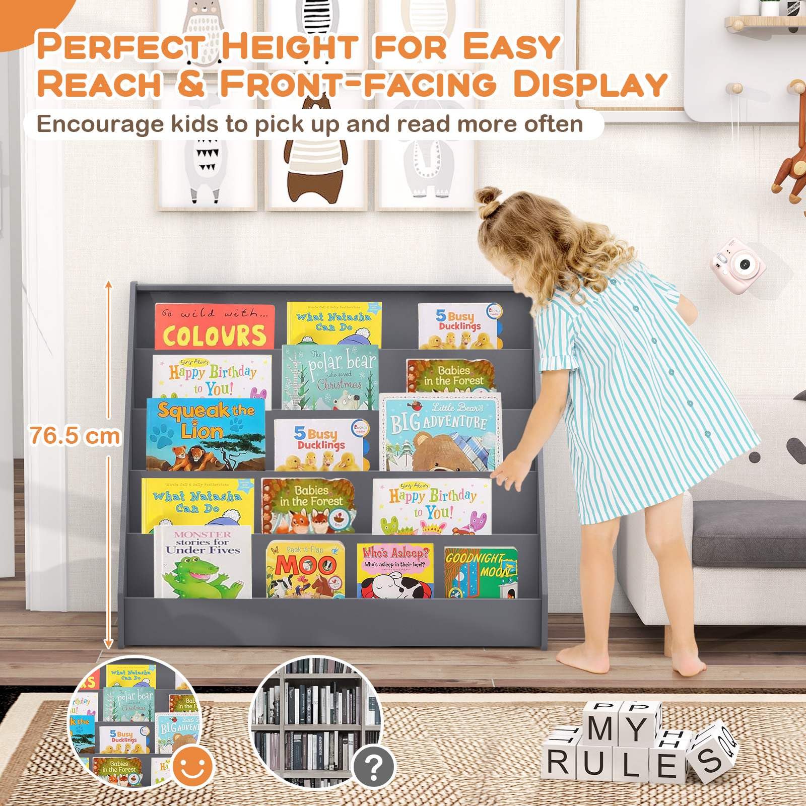 HONEY JOY 5 Tier Kids Bookshelf, Toddler Book Display Storage Shelves - Image 4