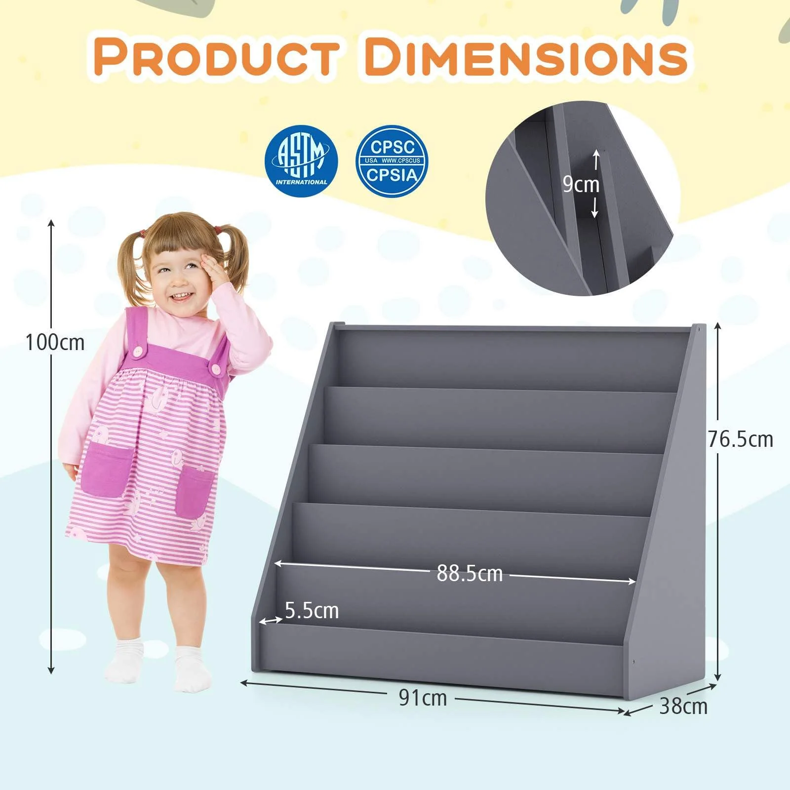 HONEY JOY 5 Tier Kids Bookshelf, Toddler Book Display Storage Shelves - Image 8