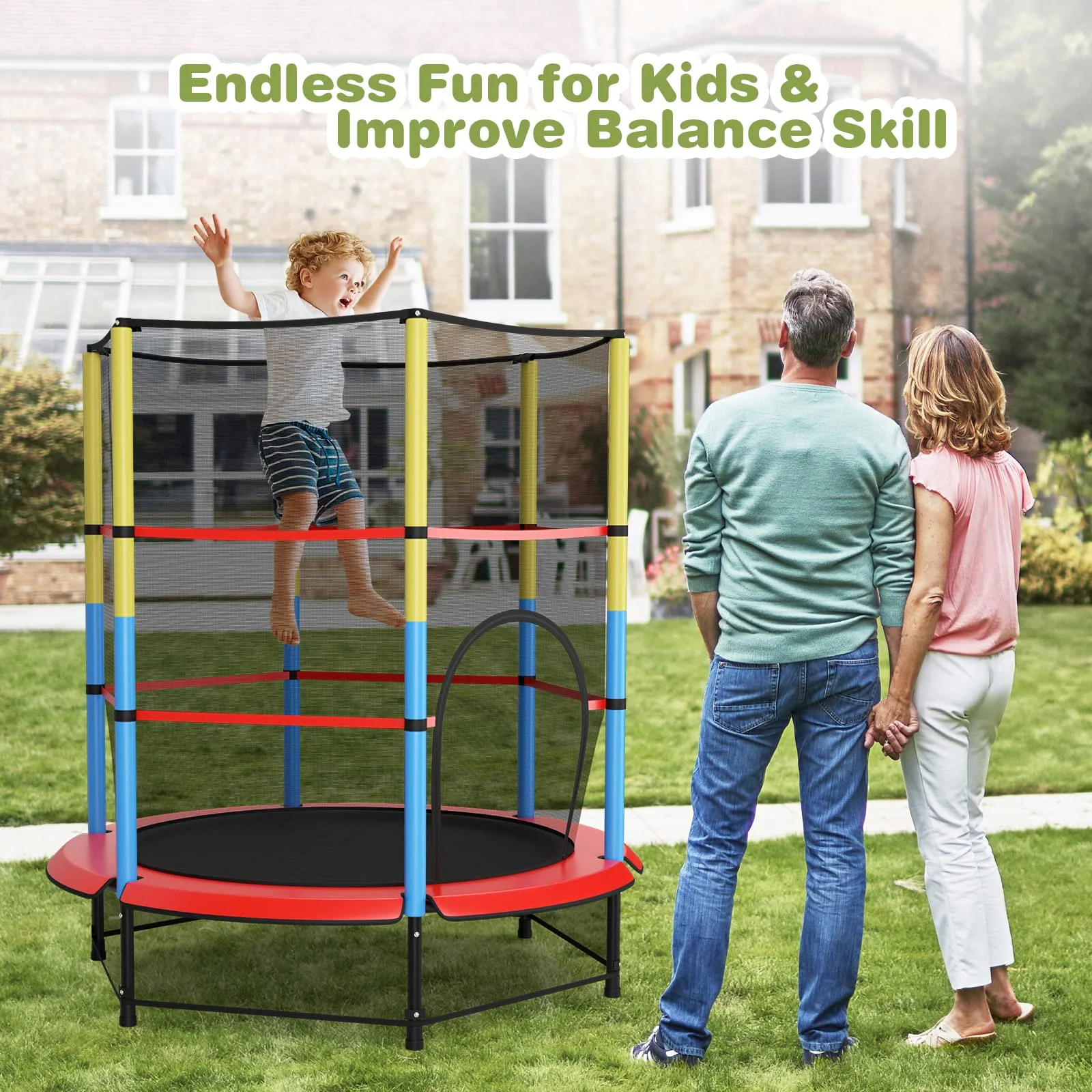 HONEY JOY 55" Kids Trampoline with Safety Enclosure Net, Mini Toddler Trampoline - Image 4