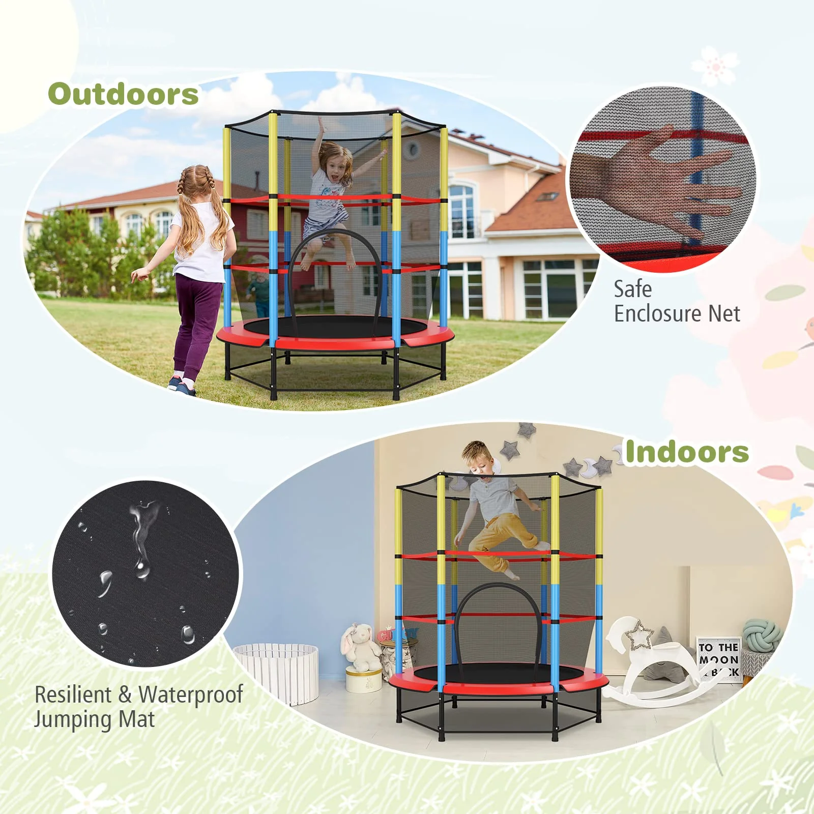 HONEY JOY 55" Kids Trampoline with Safety Enclosure Net, Mini Toddler Trampoline - Image 7