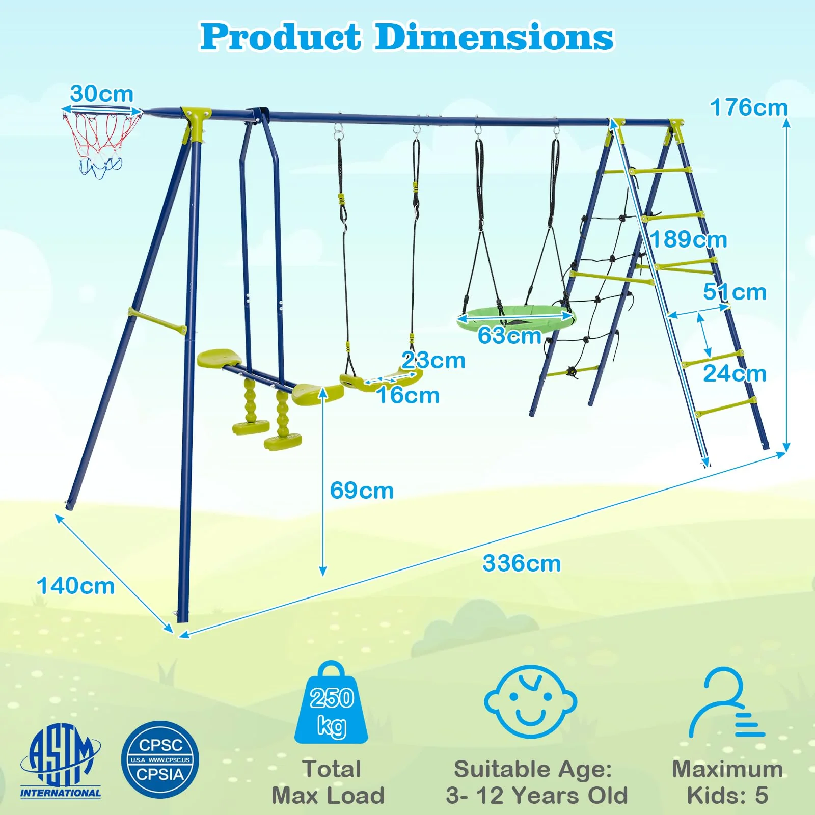 HONEY JOY 6-in-1 Patio Kids Swing Set, A-Shaped Metal Swing Frame - Image 3
