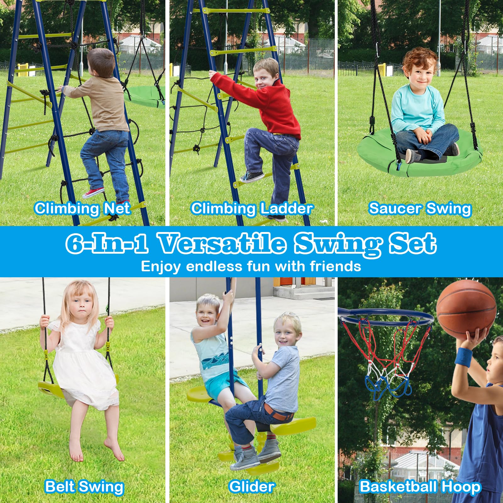 HONEY JOY 6-in-1 Patio Kids Swing Set, A-Shaped Metal Swing Frame - Image 4