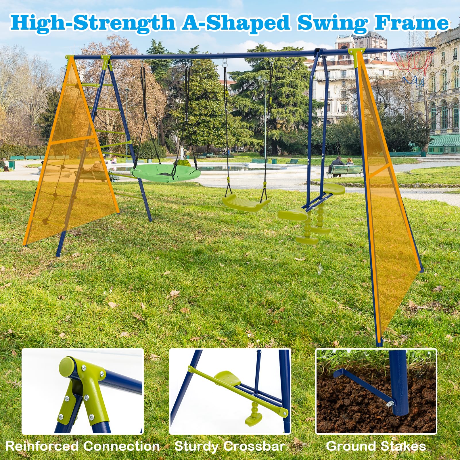HONEY JOY 6-in-1 Patio Kids Swing Set, A-Shaped Metal Swing Frame - Image 6
