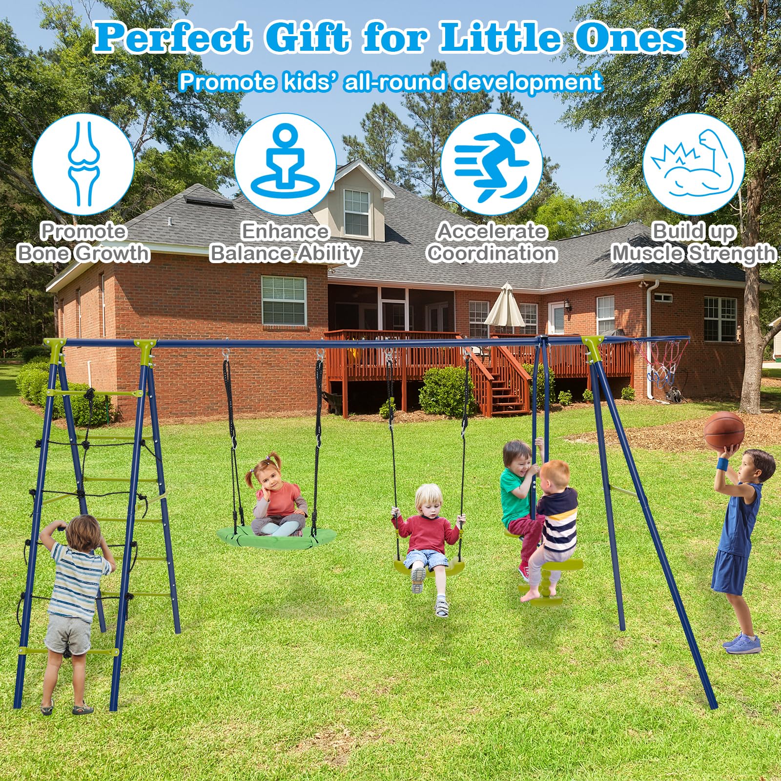 HONEY JOY 6-in-1 Patio Kids Swing Set, A-Shaped Metal Swing Frame - Image 7