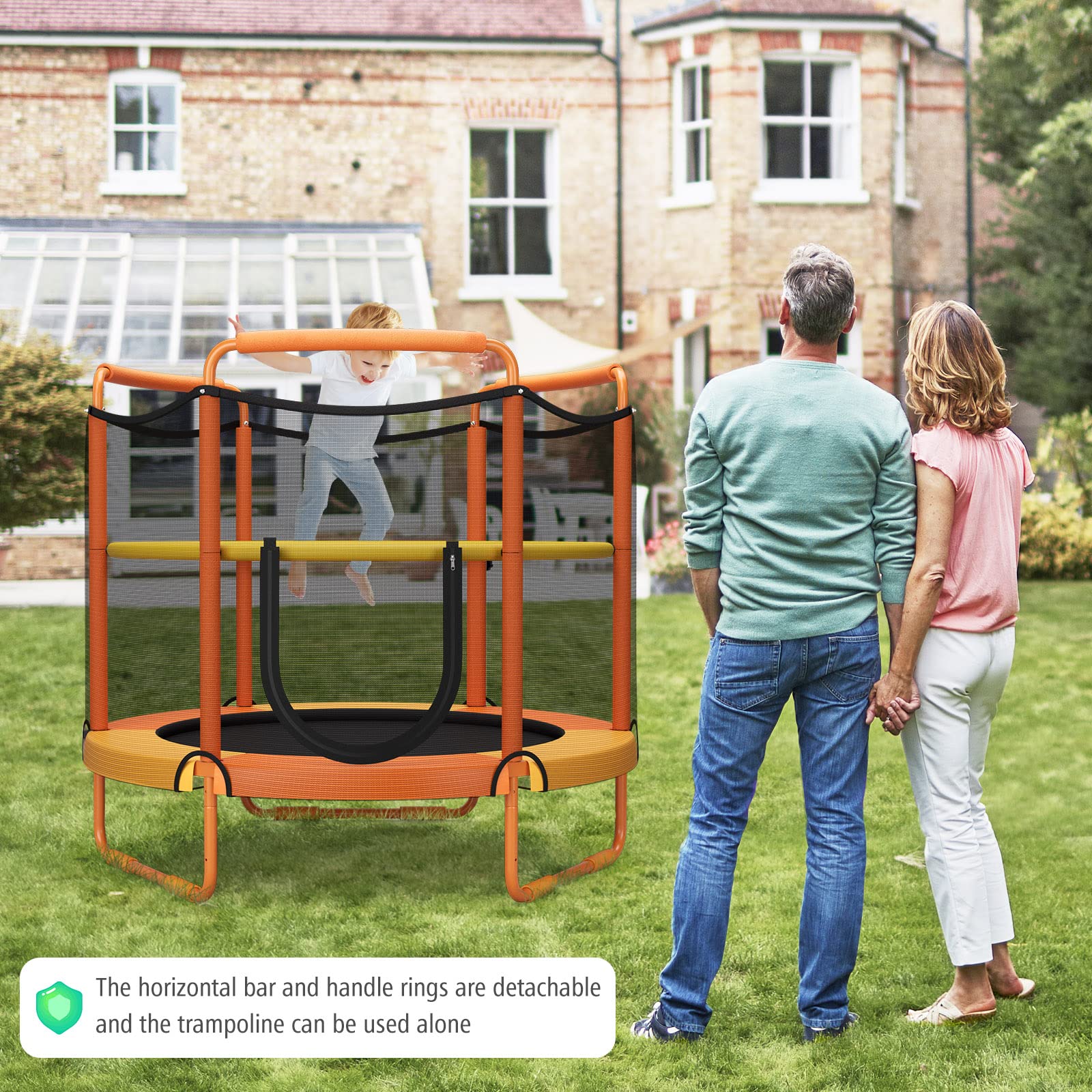 HONEY JOY 60"/5FT Trampoline for Kids, 3-in-1 Heavy Duty Mini Trampoline w/Ring and Horizontal Bar - Image 3