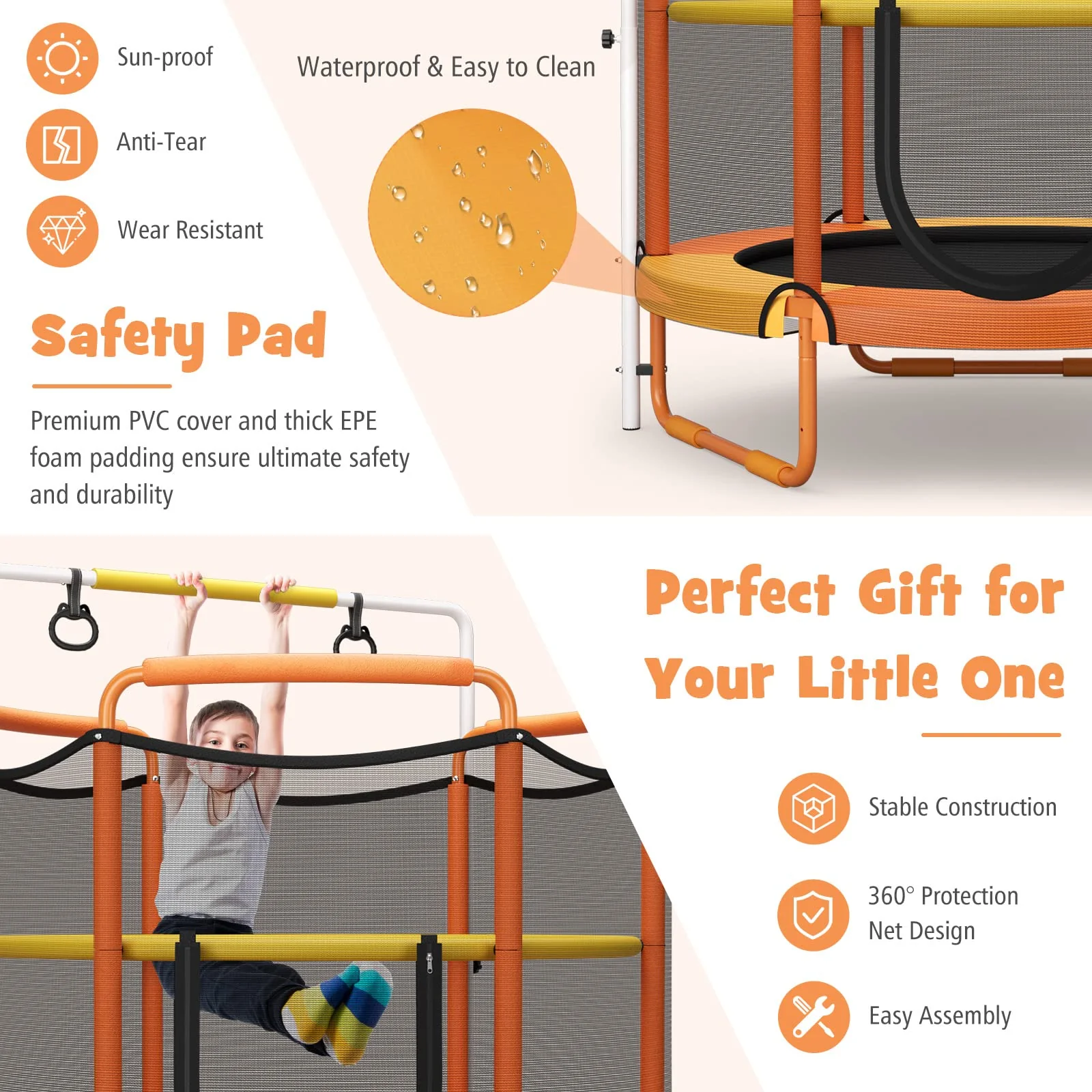 HONEY JOY 60"/5FT Trampoline for Kids, 3-in-1 Heavy Duty Mini Trampoline w/Ring and Horizontal Bar - Image 4