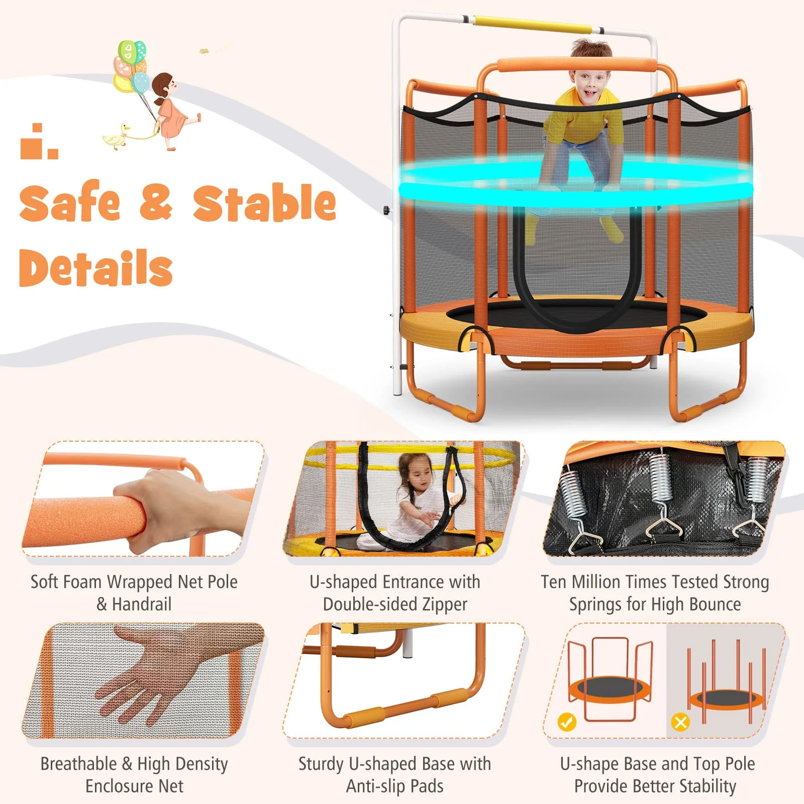 HONEY JOY 60"/5FT Trampoline for Kids, 3-in-1 Heavy Duty Mini Trampoline w/Ring and Horizontal Bar - Image 5