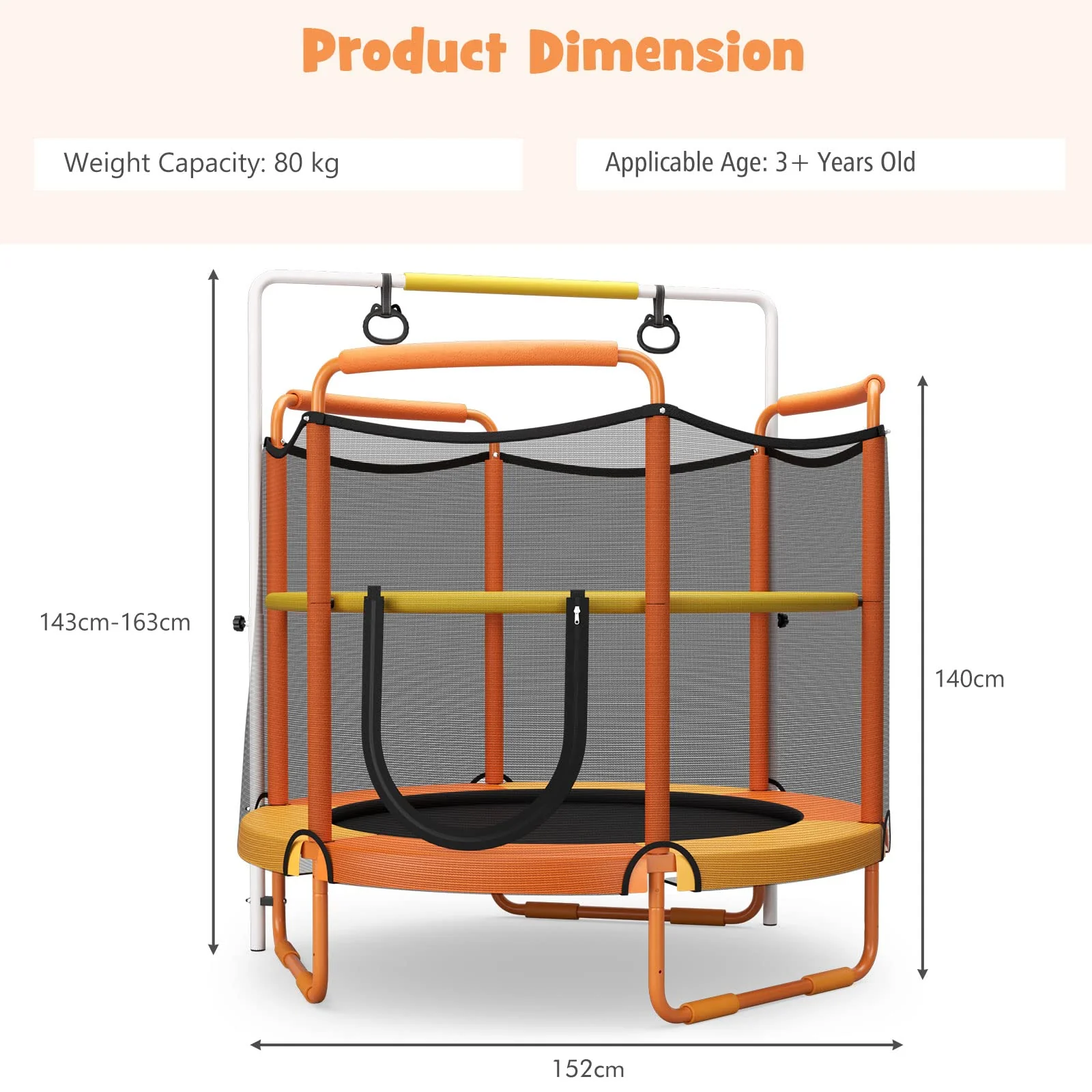 HONEY JOY 60"/5FT Trampoline for Kids, 3-in-1 Heavy Duty Mini Trampoline w/Ring and Horizontal Bar - Image 6