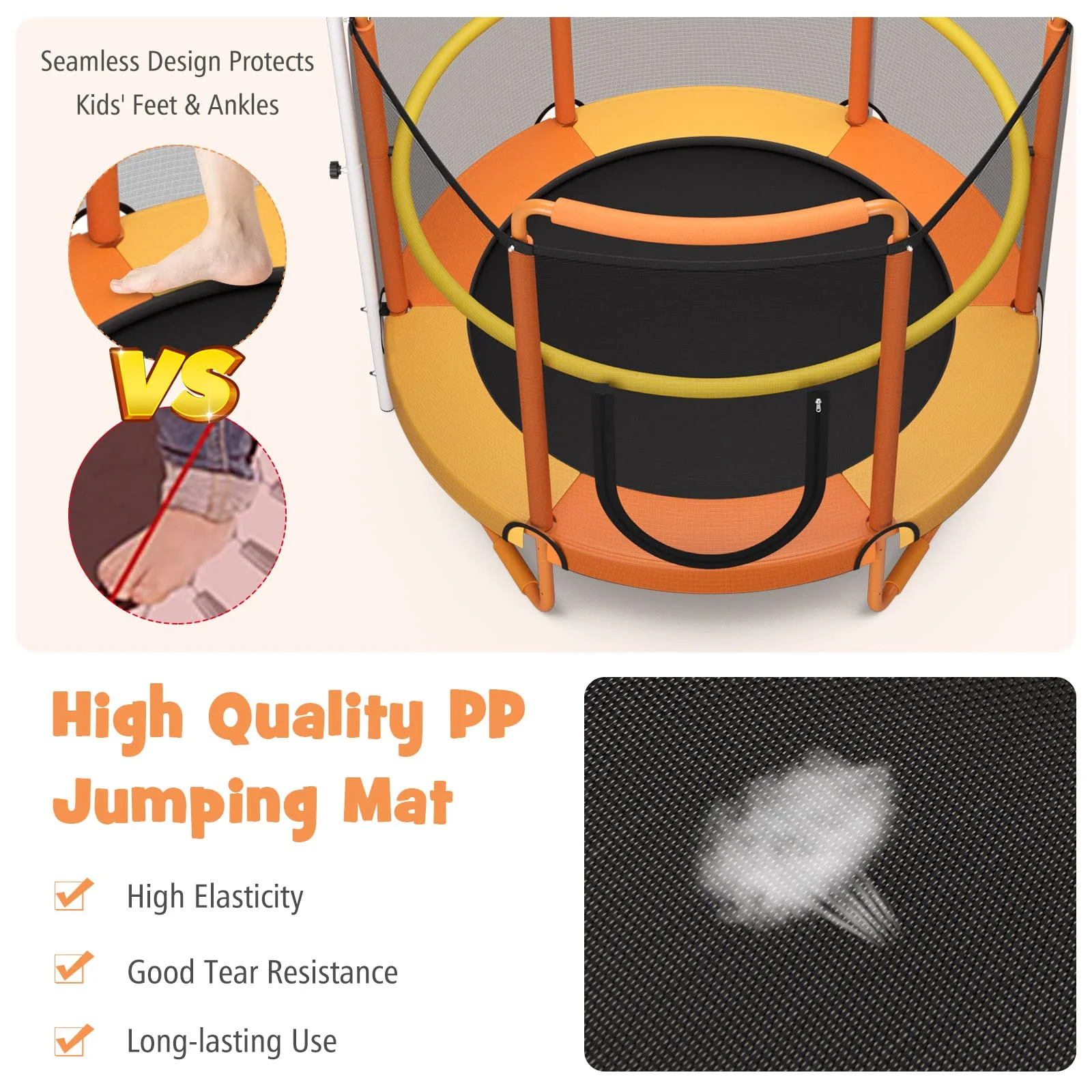 HONEY JOY 60"/5FT Trampoline for Kids, 3-in-1 Heavy Duty Mini Trampoline w/Ring and Horizontal Bar - Image 7