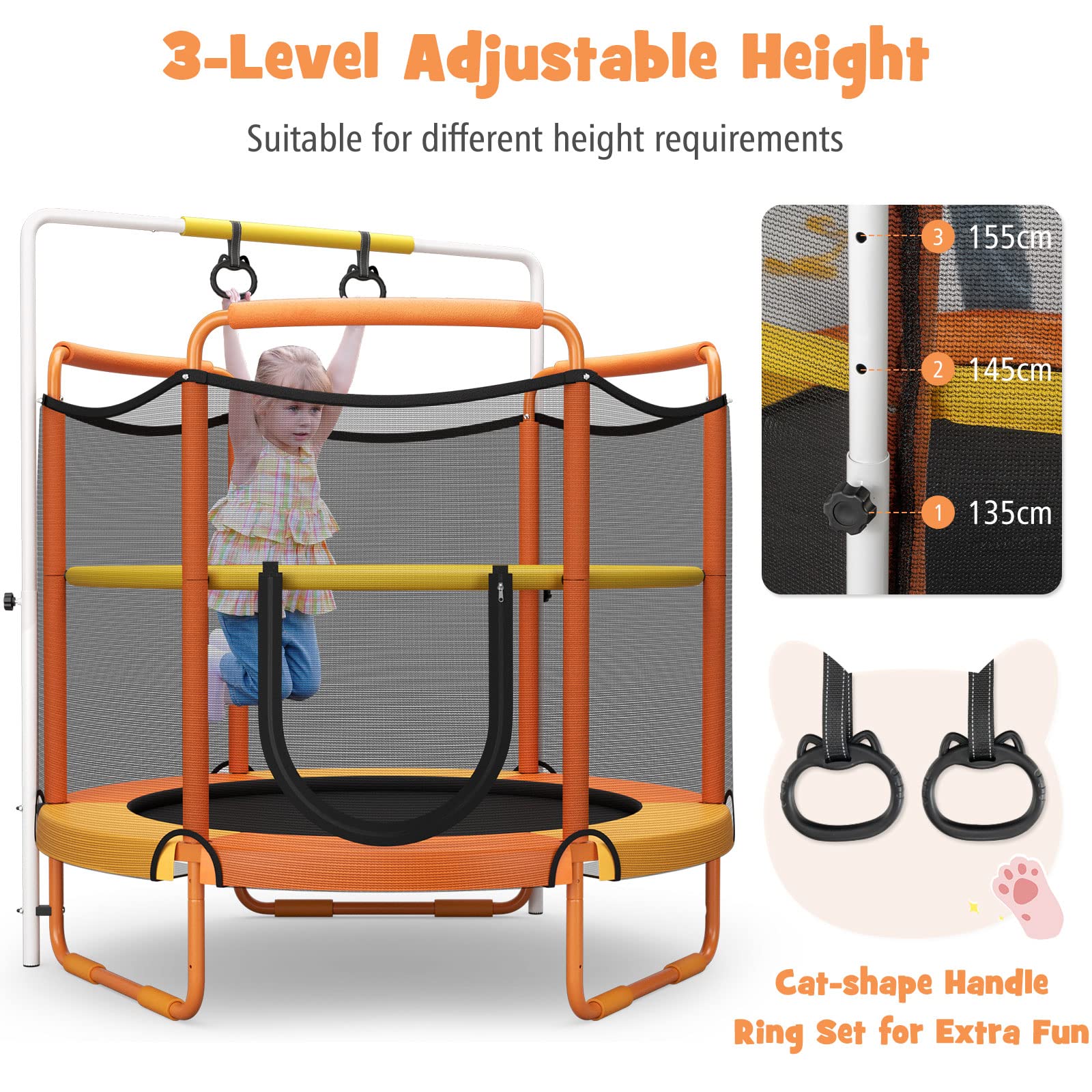 HONEY JOY 60"/5FT Trampoline for Kids, 3-in-1 Heavy Duty Mini Trampoline w/Ring and Horizontal Bar - Image 8