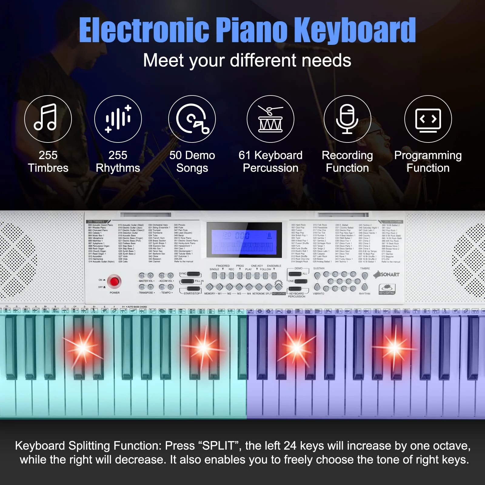 HONEY JOY 61 Key Piano Keyboard, Portable Electronic Keyboard Piano with Lighted Keys, LCD Screen, Headphones (White) - Image 3