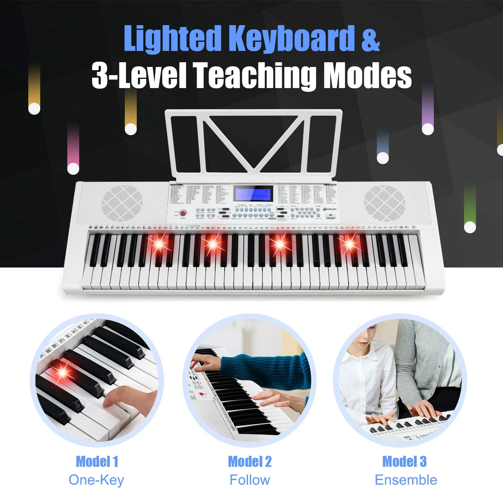 HONEY JOY 61 Key Piano Keyboard, Portable Electronic Keyboard Piano with Lighted Keys, LCD Screen, Headphones (White) - Image 7